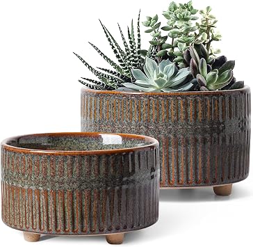 LE TAUCI Succulent Pots, 6.5+8 Inch Ceramic Pots for Plants Indoor, Shallow Round Succulent Planters with Drainage Hole, Set of 2, Reactive Glaze Black