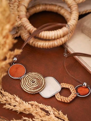 Miniatura 5 de MINACHI Handmade Braided Necklace for Women, Wooden Beads, Rattan Charm, Vintage Style, Gift Jewelry