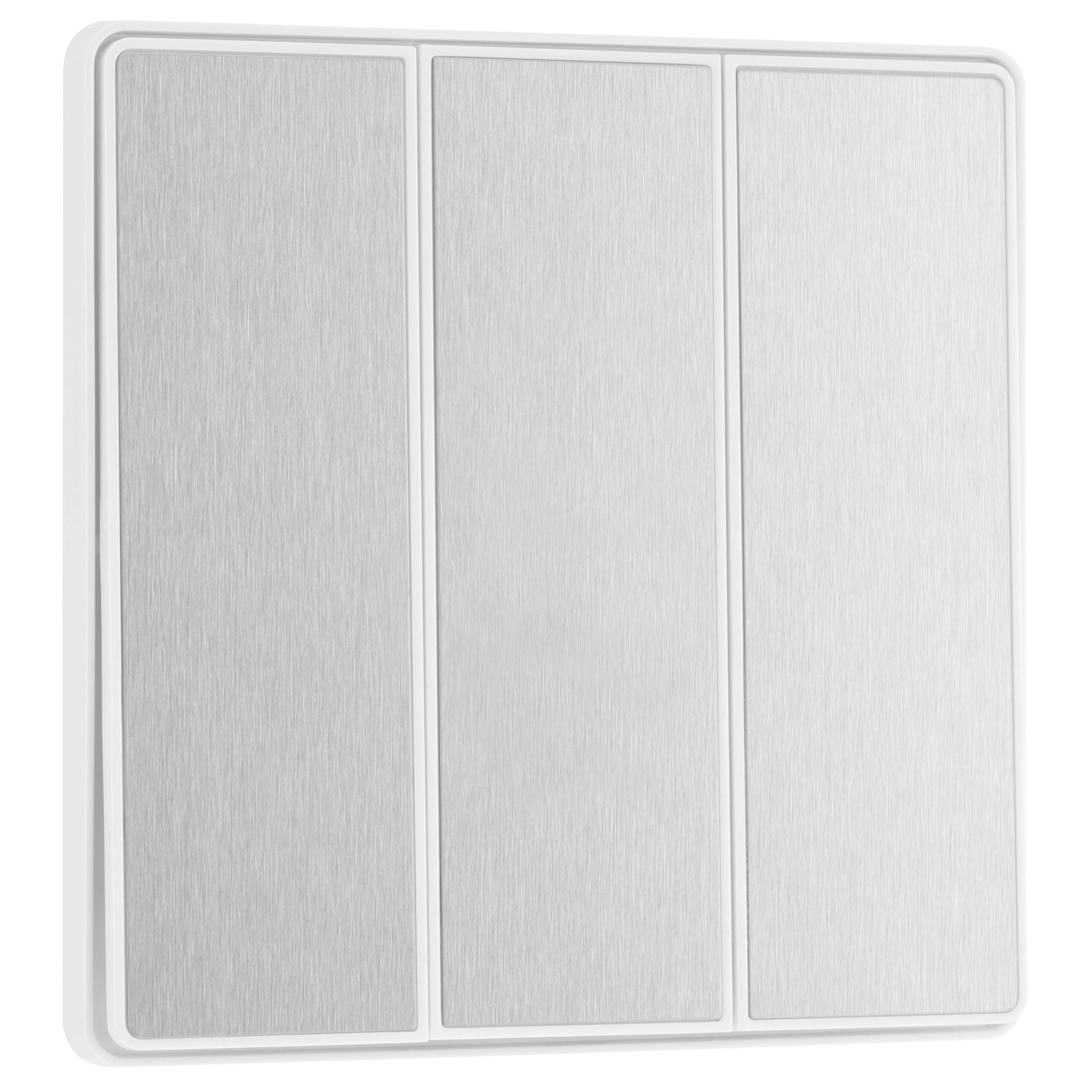 BG Electrical Triple Wall Light Switch, 2-Way, Edge-to-Edge Rockers, Screwless Appearance, Round Edges, Evolve, Brushed Steel, 20A, 16AX, PCDBS43EW