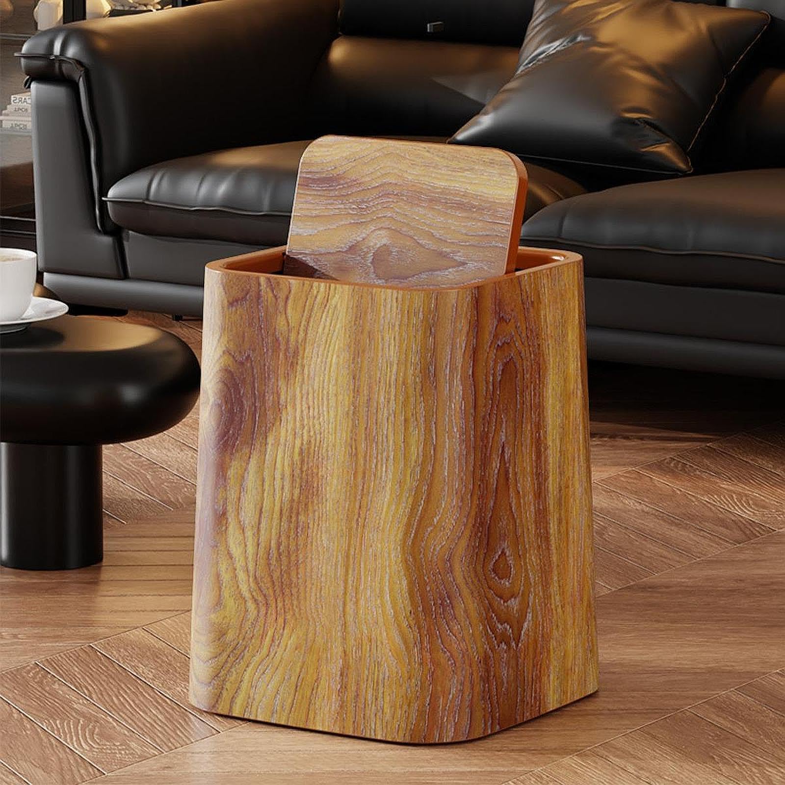 perfk Papelera Rústica, Papelera de Reciclaje, Papelera Decorativa Reutilizable de Grano de Madera, Papelera para Oficina, Granja, Dormitorio, Hogar, L with Cover