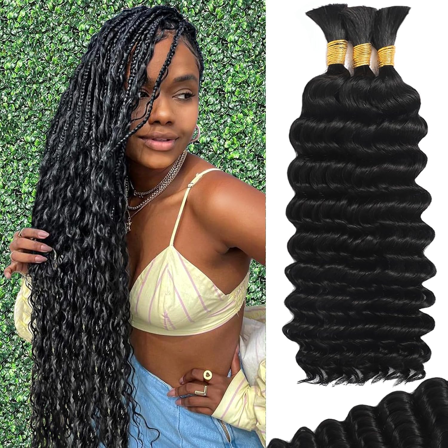 Human Braiding Hair for Boho Braids Human 110g 20 Inch Curly Boho Hair for Braiding Knotless 12A Deep Wave Bulk Bohemian 3 Bundles/Pack Natural Color