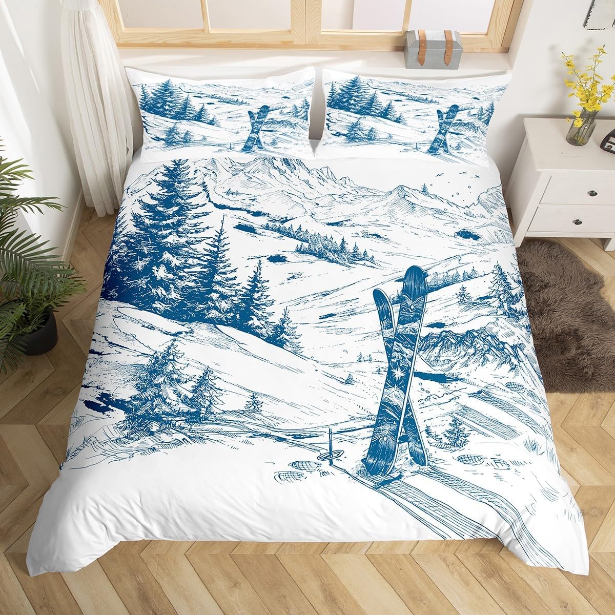 Erosebridal Ski Sports Duvet Cover Full Size for Boys Kids Teens Men Winter Sports Ski Theme Comforter Cover Set with Zipper Ties Soft Microfiber Snow Mountain Landscape Bedding Set for Adult Men