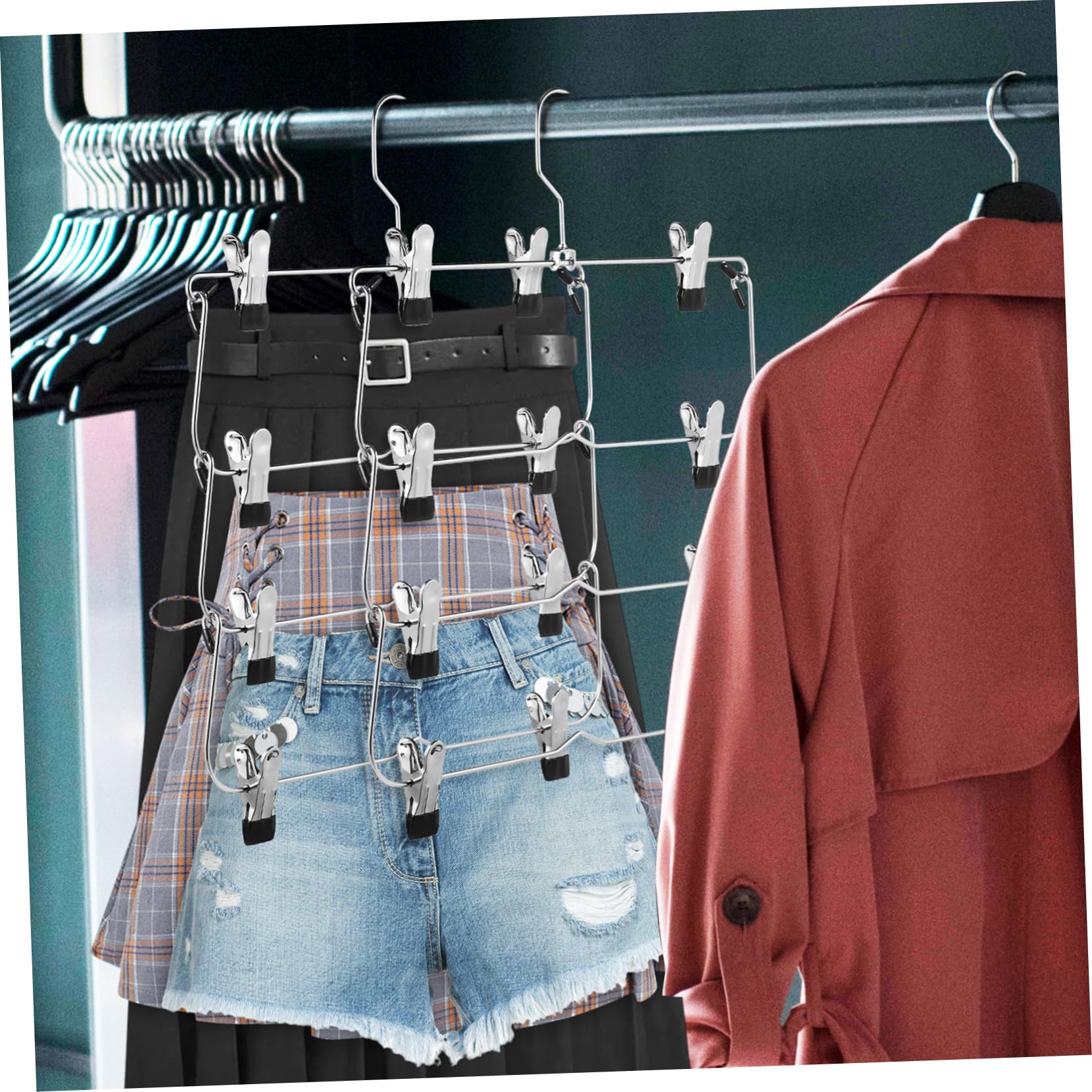 SOLUSTRE Teilige Rockbügel mit Clips Platzsparende Hosenbügel Mehrlagige Metallbügel für Damenbekleidung Garderobenorganizer für Schrank