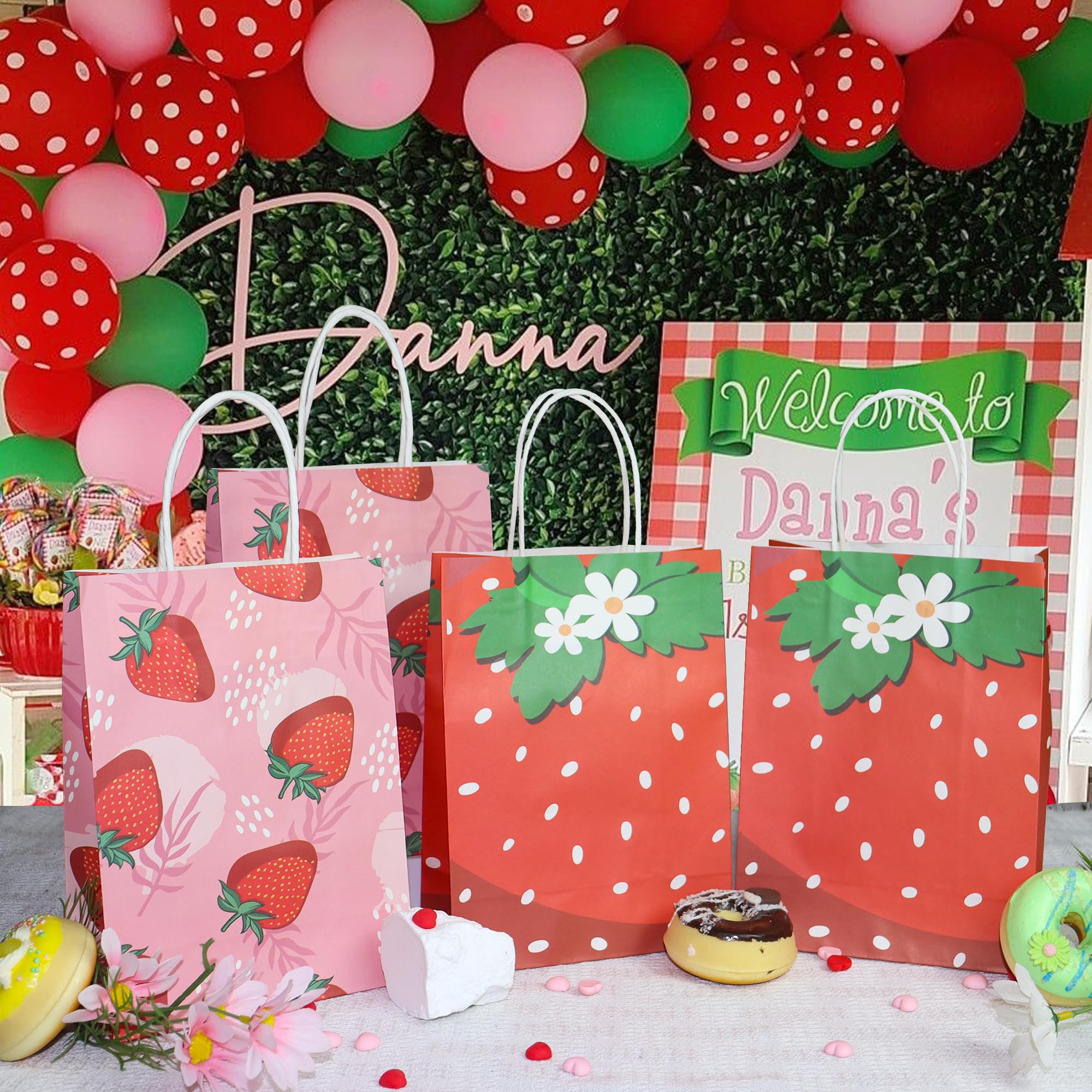 W WINTMING 16Pcs Strawberry Party Favor Bags Strawberry Gift Bags with Handles Pink Red Paper Goodie Bags Cute Fruit Candy Bags for Summer Birthday Party Decoration