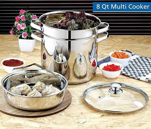 Miniatura 6 de Juego de ollas de acero inoxidable de 8 cuartos de galón de 4 piezas, olla con cesta de vapor, colador y tapa de vidrio resistente al calor, asas