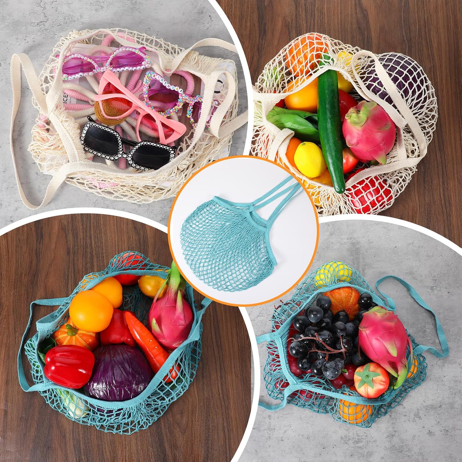 2 Pack Reusable Mesh Grocery Bags, Washable Cotton String Shopping Bag Long Handle Mesh Produce Bag for Fruit Vegetables Potatoes Farmers Market