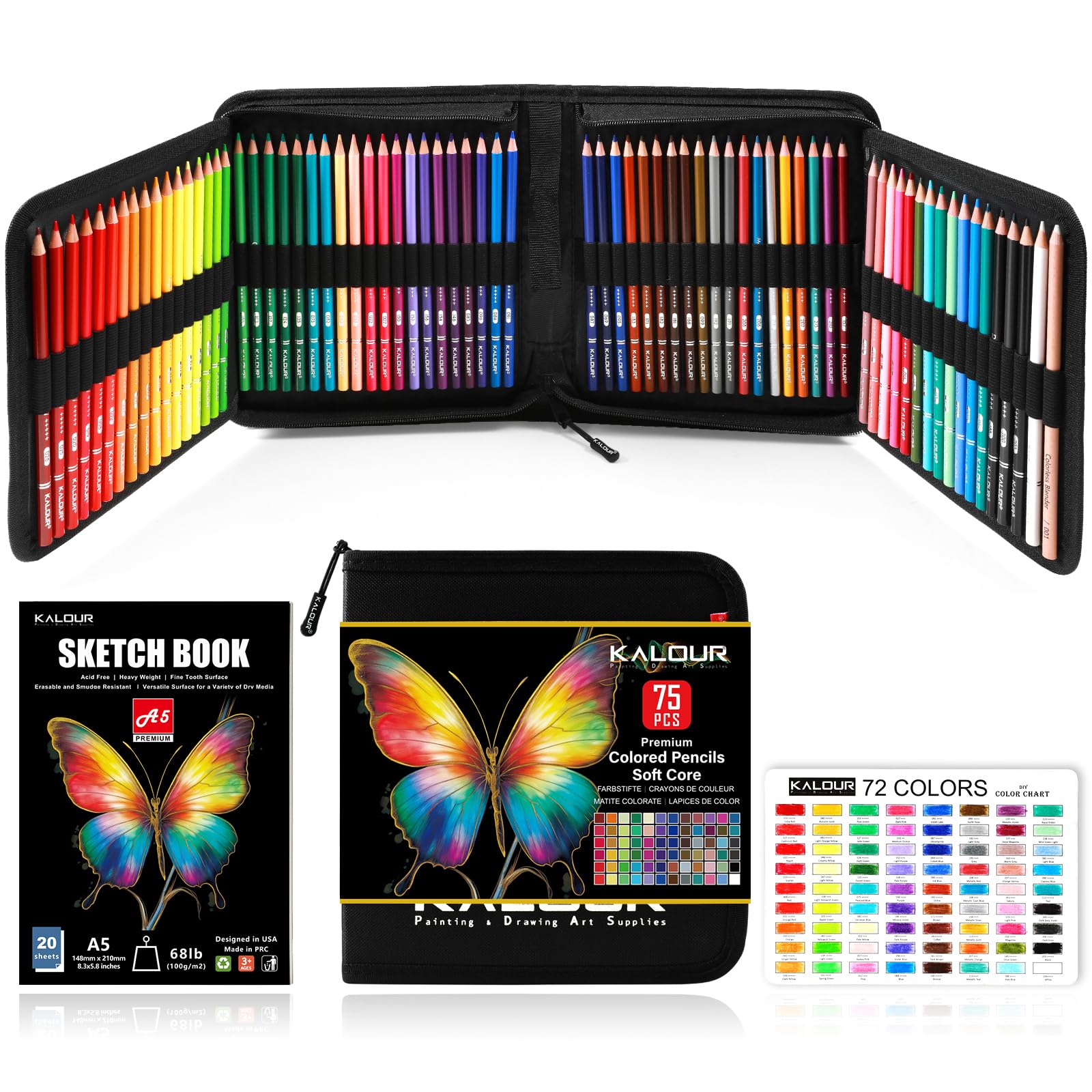 KALOUR PDAS Lot de 75 crayons de couleur pour livres de coloriage pour adultes, noyau souple, idéal pour le dessin, le mélange, l'ombrage, cadeau pour adultes et débutants