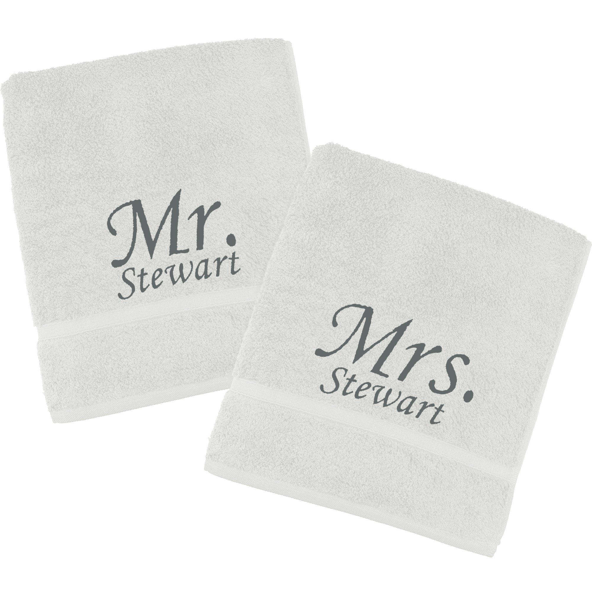 TeddyT's Personalised Mr & Mrs Embroidered Towels Gift Set (All White with Charcoal, Hand Towel (80x50cm))