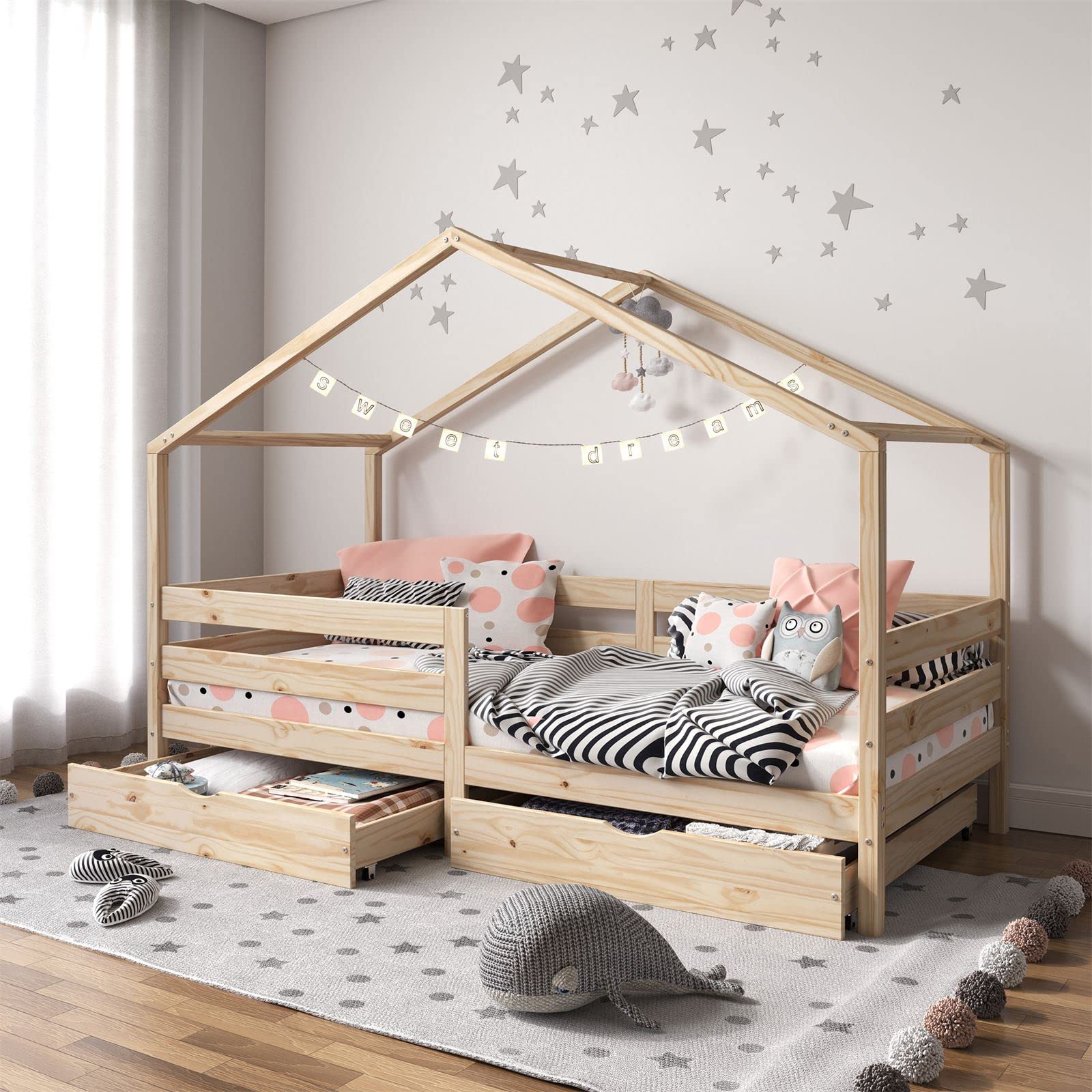 IDIMEX Hausbett ENA aus massiver Kiefer, schönes Montessoribett in 90 x 200 cm, Kinderbett mit Rausfallschutz, stabiles Spielbet mit Dach und 2 Schubladen in Natur