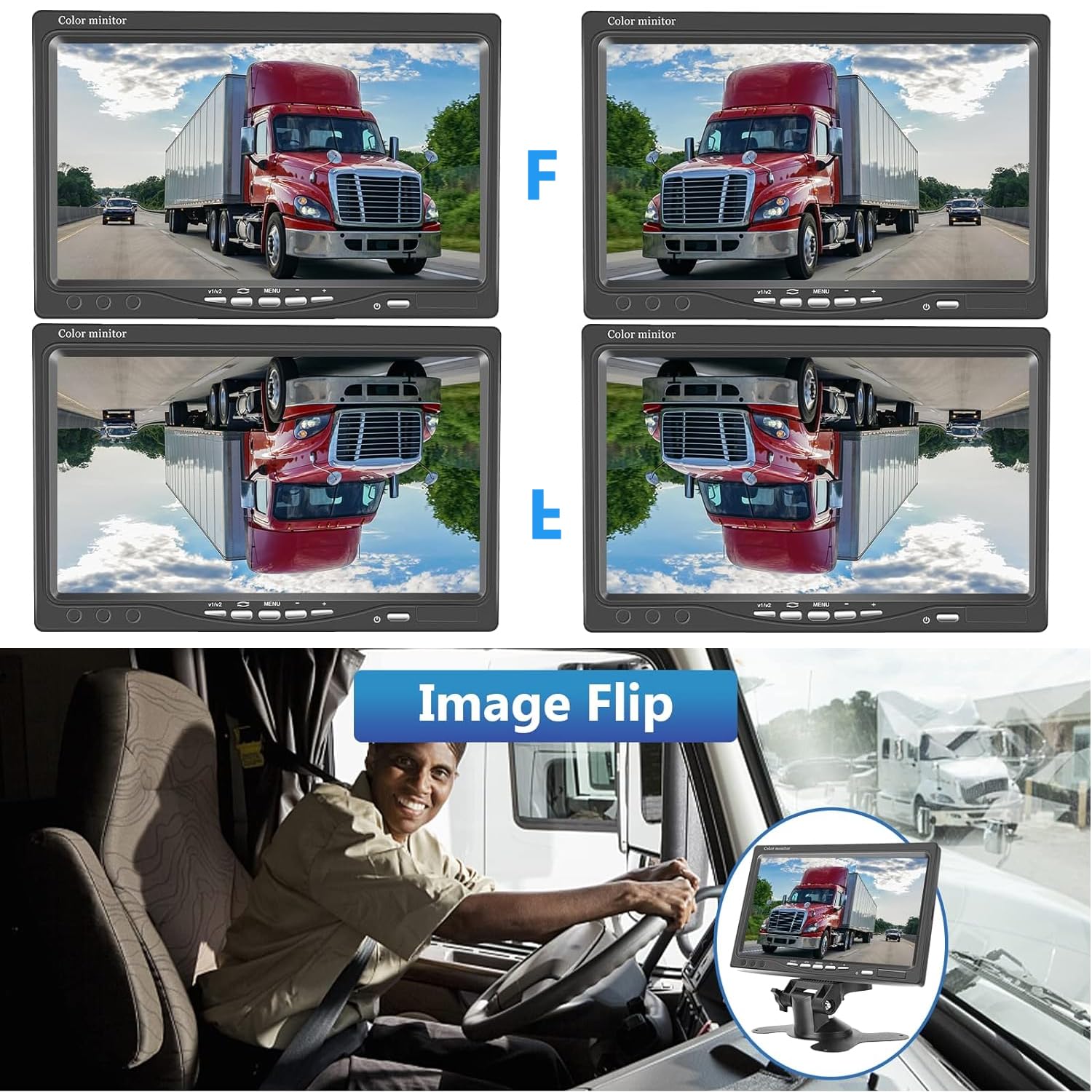 Zestaw kamer cofania z monitorem LCD 7", 2 kamery o rozdzielczości HD, wodoszczelność IP68, widoczność w nocy, kolorowy, do samochodów ciężarowych/przyczep, autobusów, vanów, rolnictwa