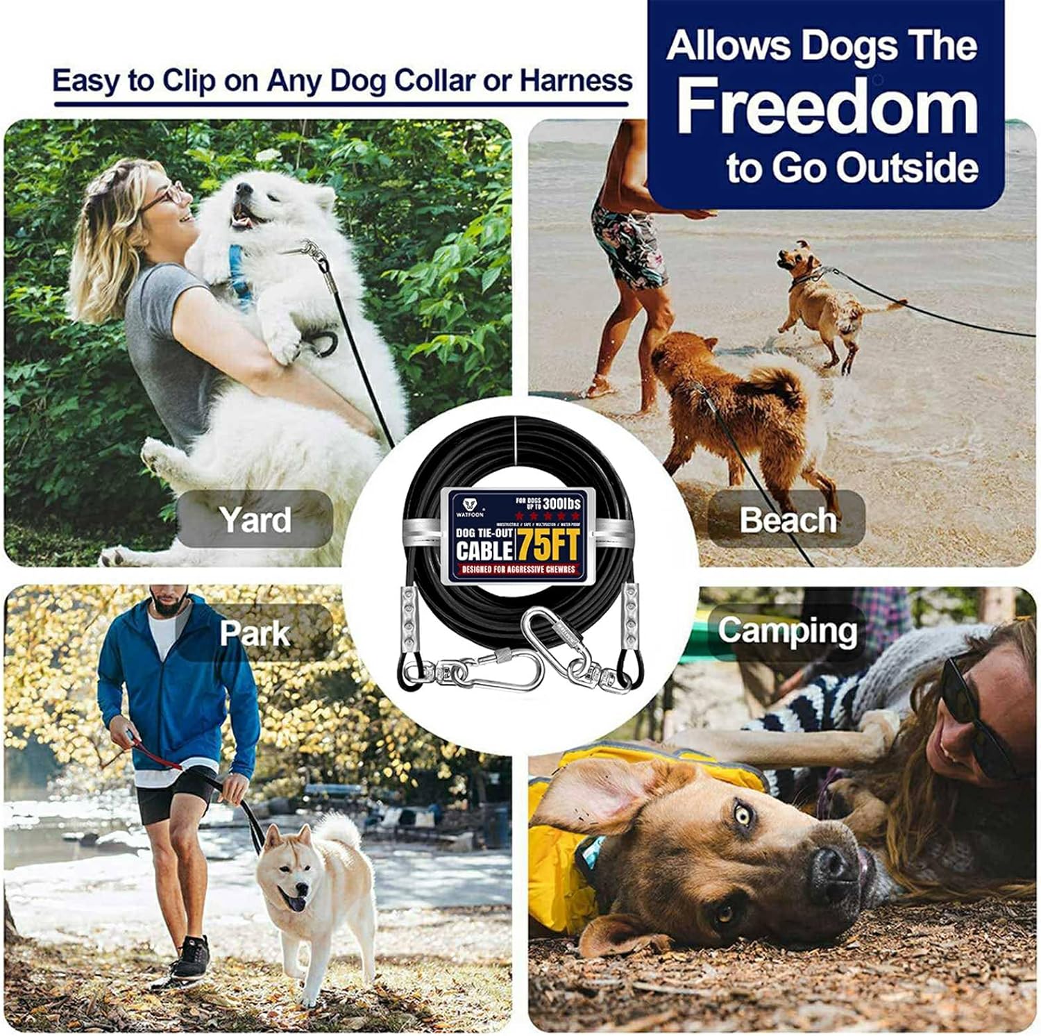 75Ft Dog Tie Out Cable, Dog Leads for Small to Large Pets Up to 300 Pounds, 5mm Heavy Duty 1000lbs Break Strength Galvanized Braided Steel Pet Outdoor Leash Cable