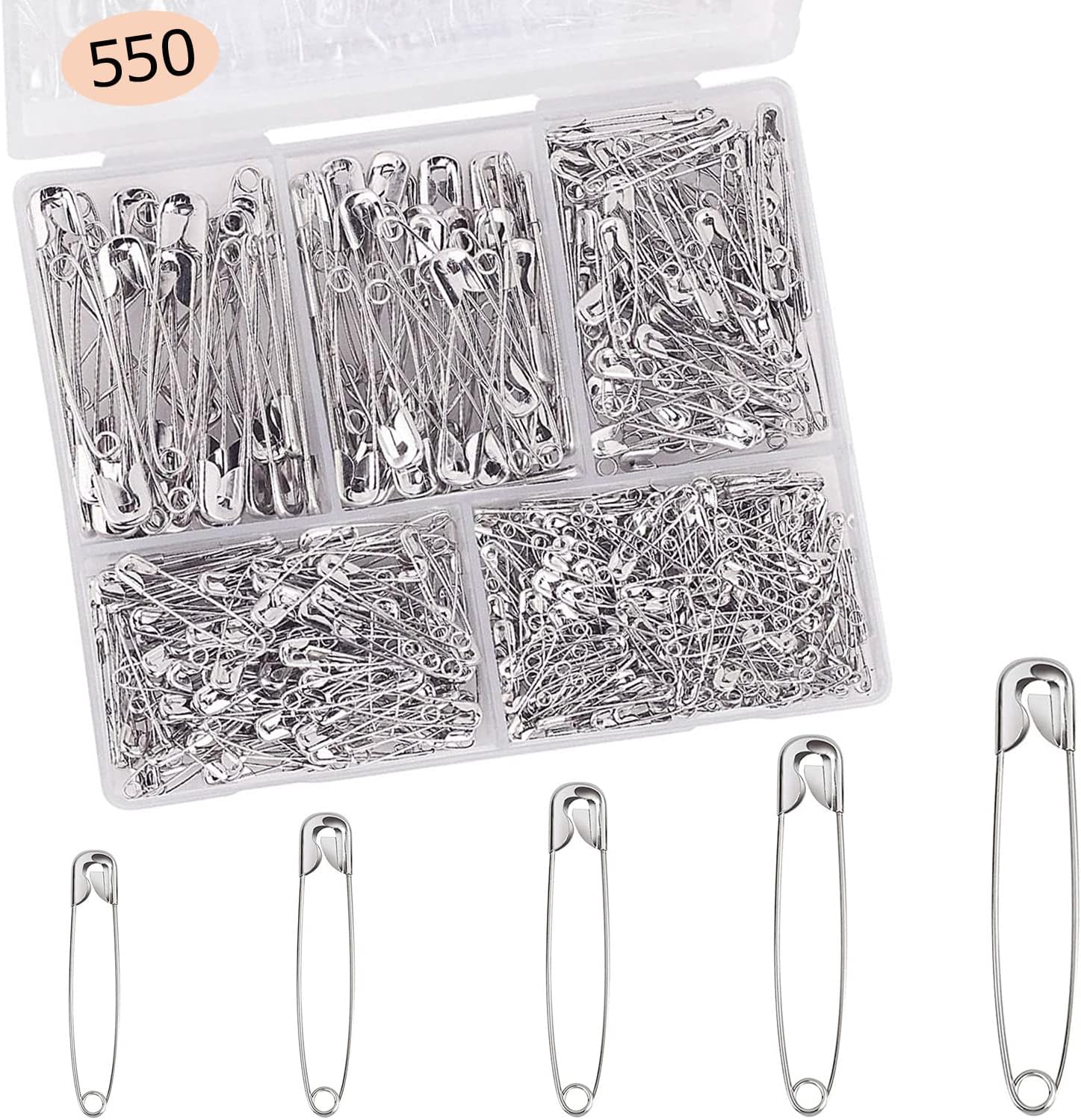 Premify Safety Pins for Clothes, 550Pcs Premium Safety Pins For Scarf Hijab Headscarf Brooches Pins, 5 Sizes Durable Rust-Resistant Pin Set with Storage Box, DIY, Craft, Clothing, Sewing, Dressmaking