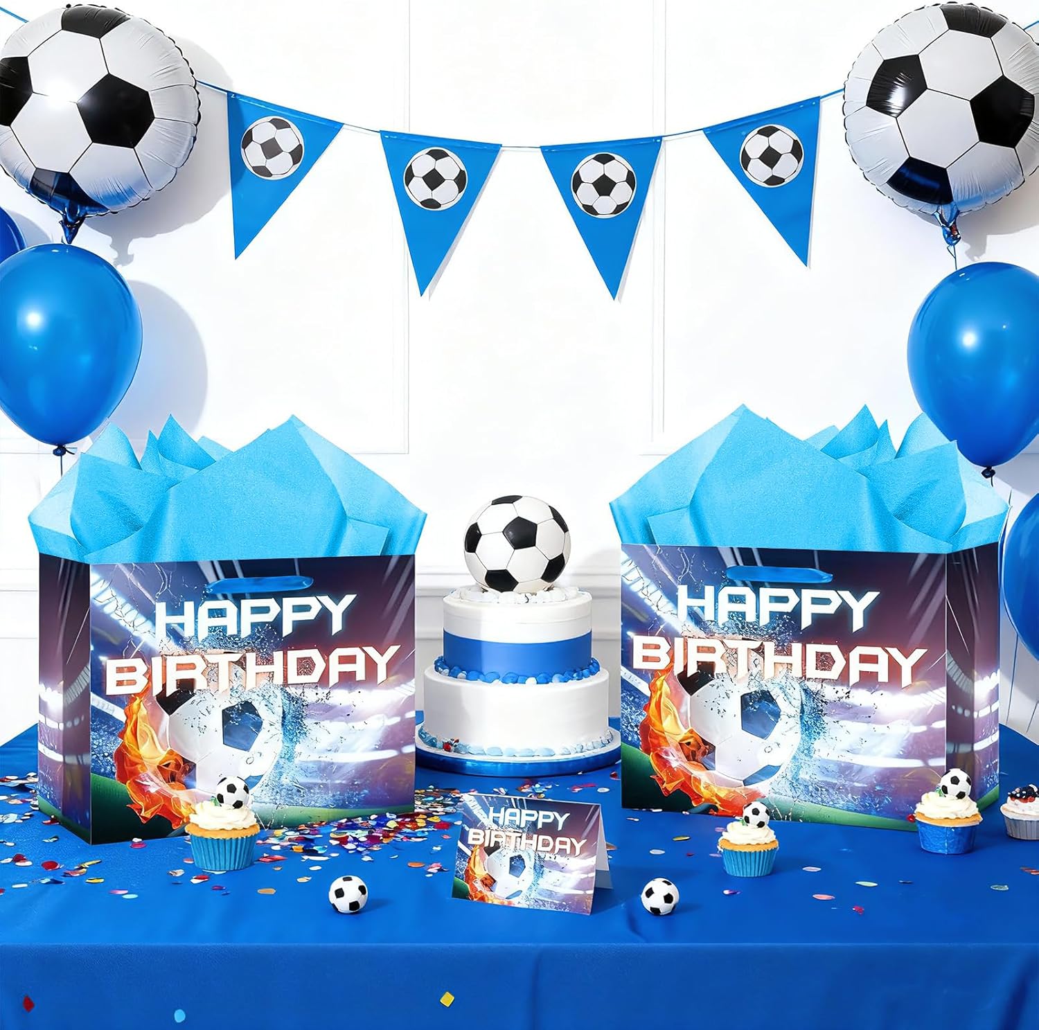 TagreSpike Soccer Birthday Gift Bag Blue Soccer Wrapping Bag with Tissue Paper and Greeting Card Large Football Party Favor Bags for Boys Kids Sport Themed Birthday Party Supplies