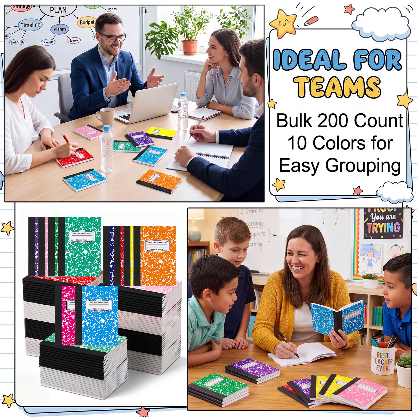 Resurhang Mini-Kompositions-Notizbuch, Großpackung, liniert, 11,4 x 8,26 cm, kleines Tagebuch, Notizbücher, 30 Blatt/60 Seiten, Marmoreinband für Schule, Bürobedarf, mehrfarbig, 200 Stück