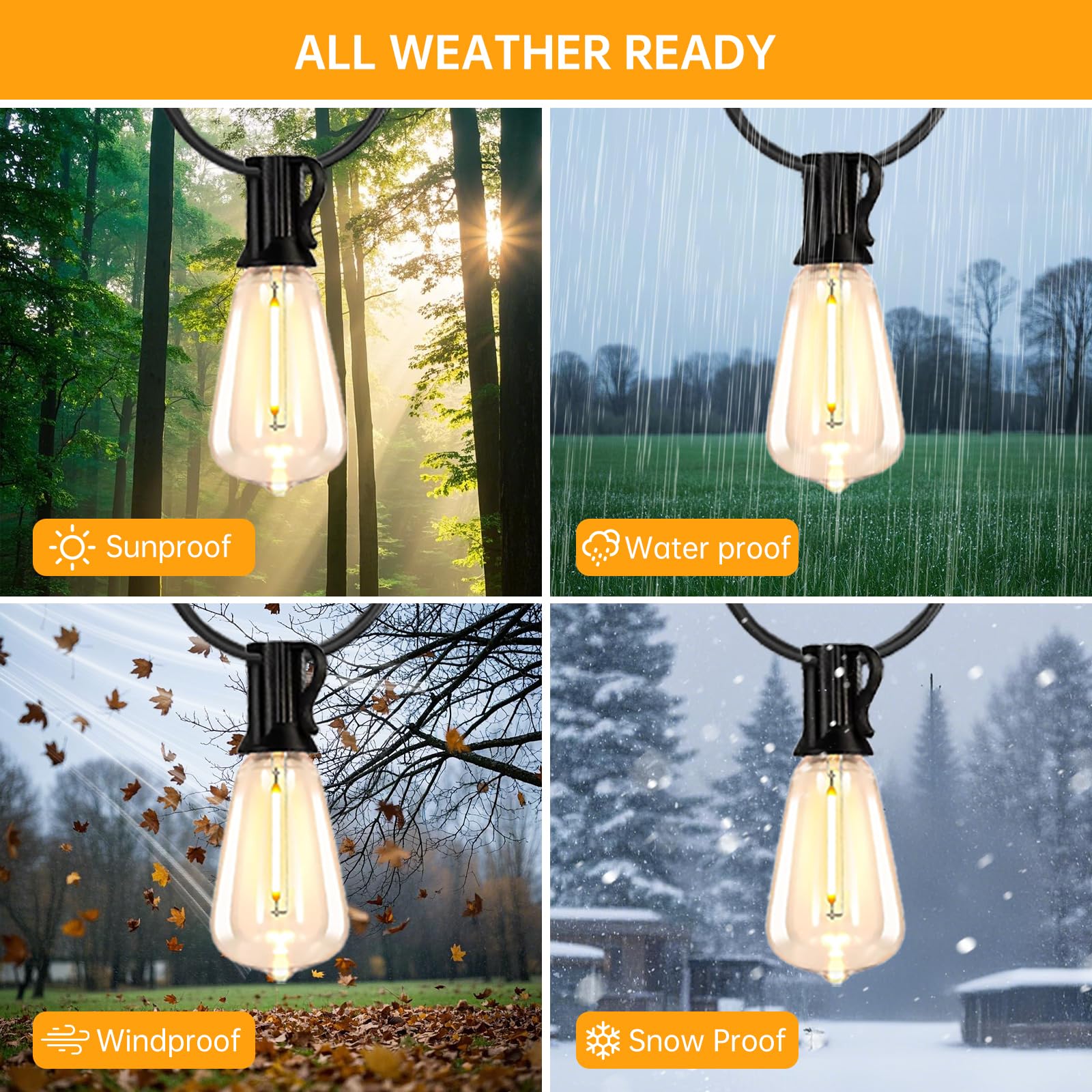 Guirlande lumineuse solaire d'extérieur de 30,5 m, ampoules LED incassables, à intensité variable, étanche, avec 50 + 2 douilles E12, éclairage blanc chaud pour jardin, cour, mariages, fêtes