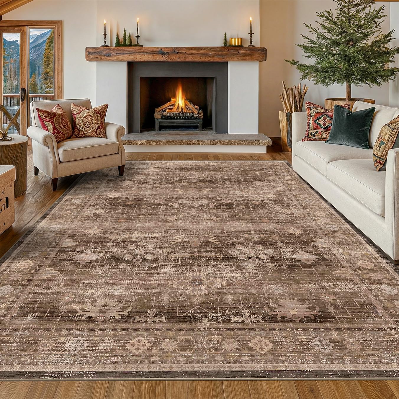 Hazo Haus Boho Taupe Brown 5x7 Living Room Rug - Modern Vintage Traditional Oriental Neutral, Washable Low Pile Non-Slip Large Area Rugs for Nursery