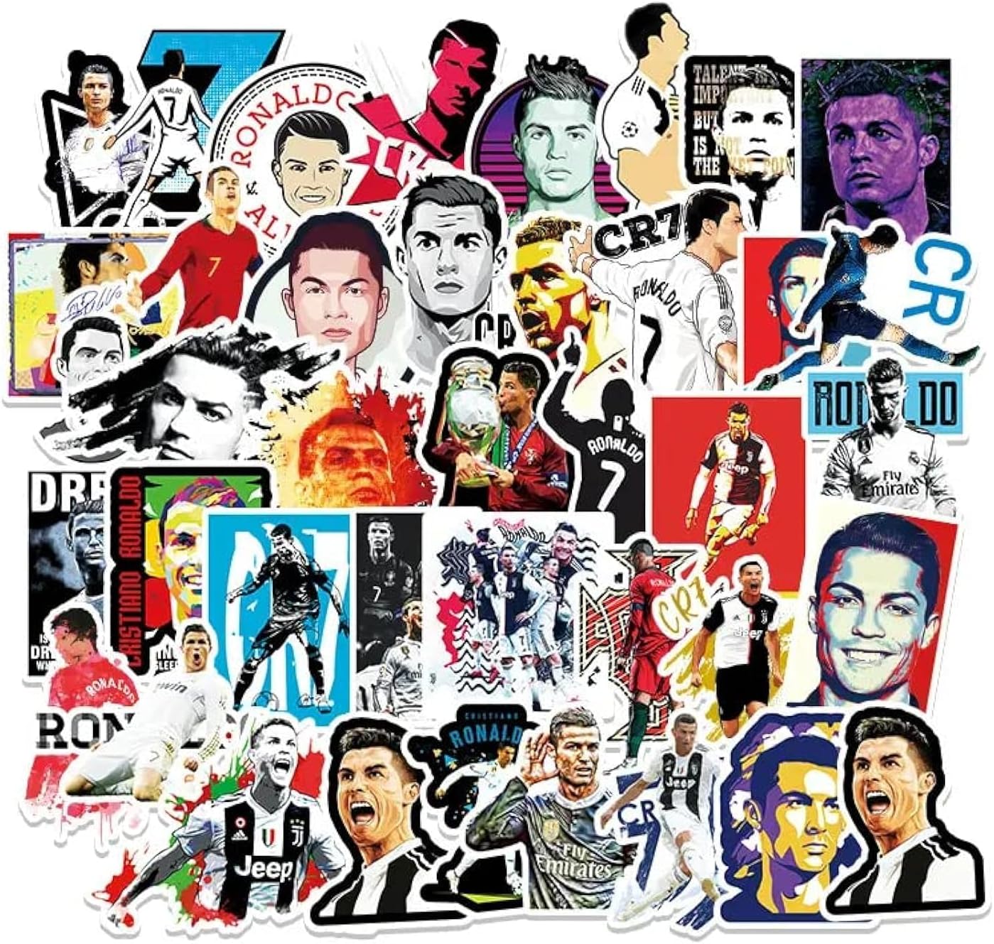Ronaldo 50 Pcs Vinyl Stickers for Wall, Computer, Laptop, Skateboard, Water Bottle, Mug, Scrapbook Gift for Kids, Birthday Christmas Thanksgiving (Ronaldo)
