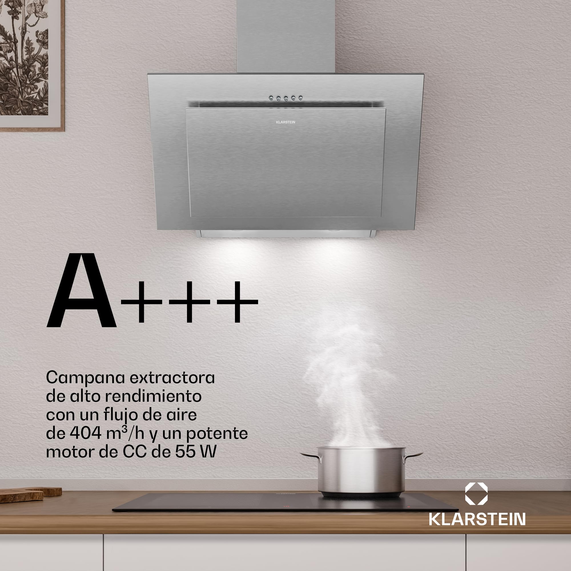 Klarstein Athena Campana Extractora 60 cm - Angular, 254 m³/h, A+++, LED, 3 Velocidades, Filtro Carbón, Recirculación & Extracción, Campana Extractora Decorativa Cocina, Acero inoxidable