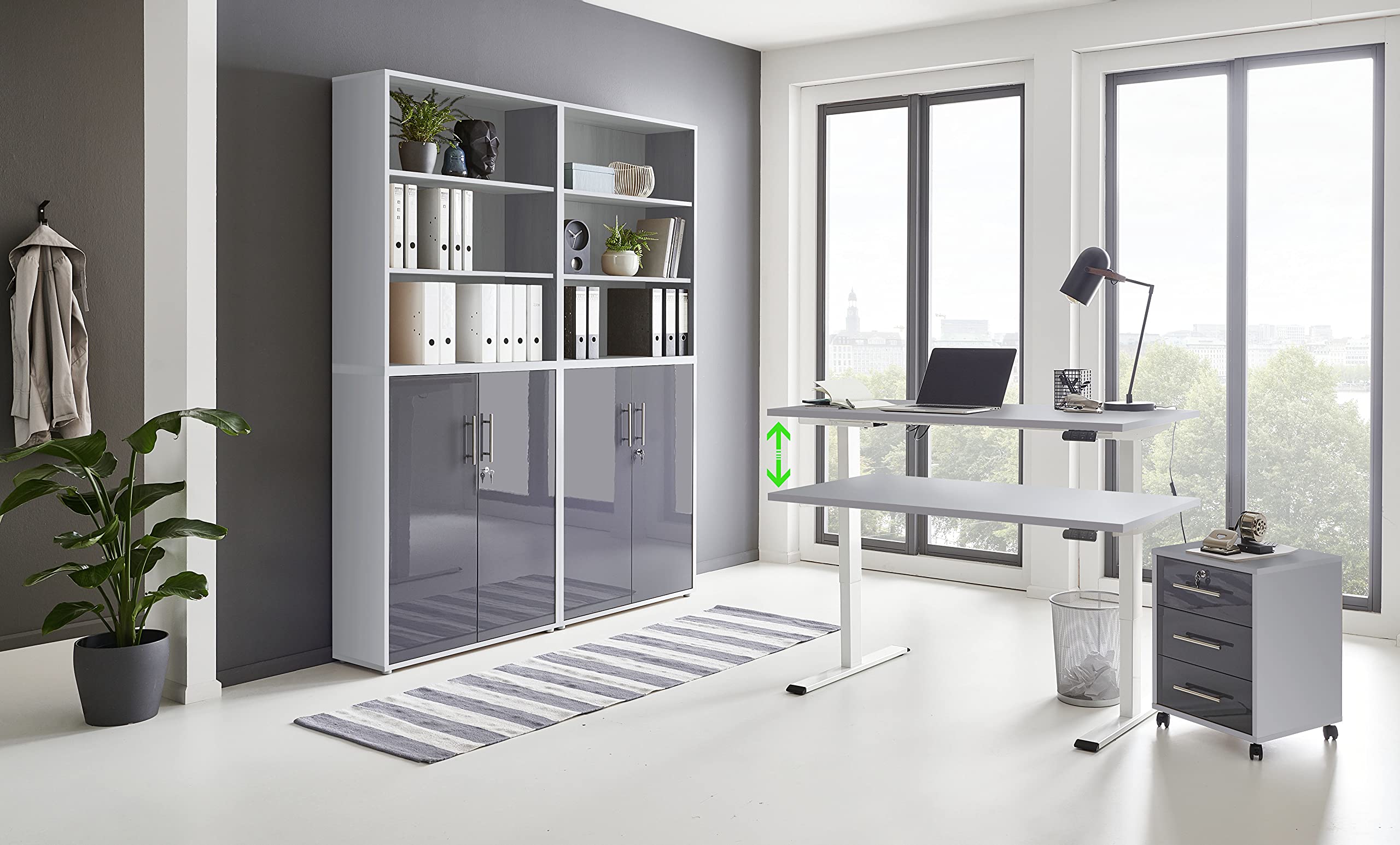 Büromöbel komplett Set mit elektrisch höhenverstellbaren Schreibtisch Arbeitszimmer e-Dition in Lichtgrau/Anthrazit Hochglanz lackiert Gestell Weiß (Set 11)
