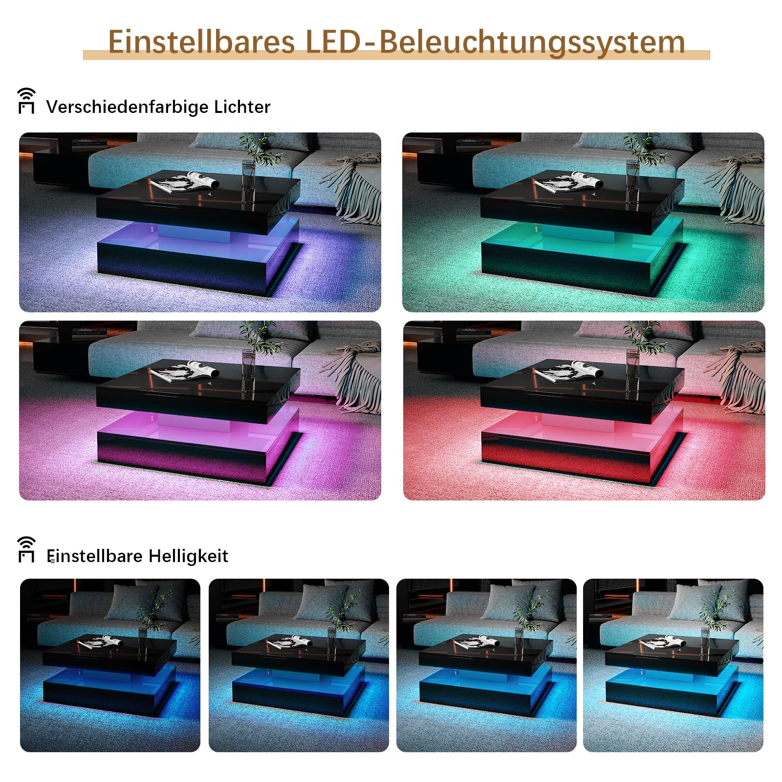 KEEPREAPER Couchtisch Wohnzimmertisch, Sofatisch mit LED Beleuchtung modern für Wohnzimmer, 78 x 78 x 40 cm (Schwarz)