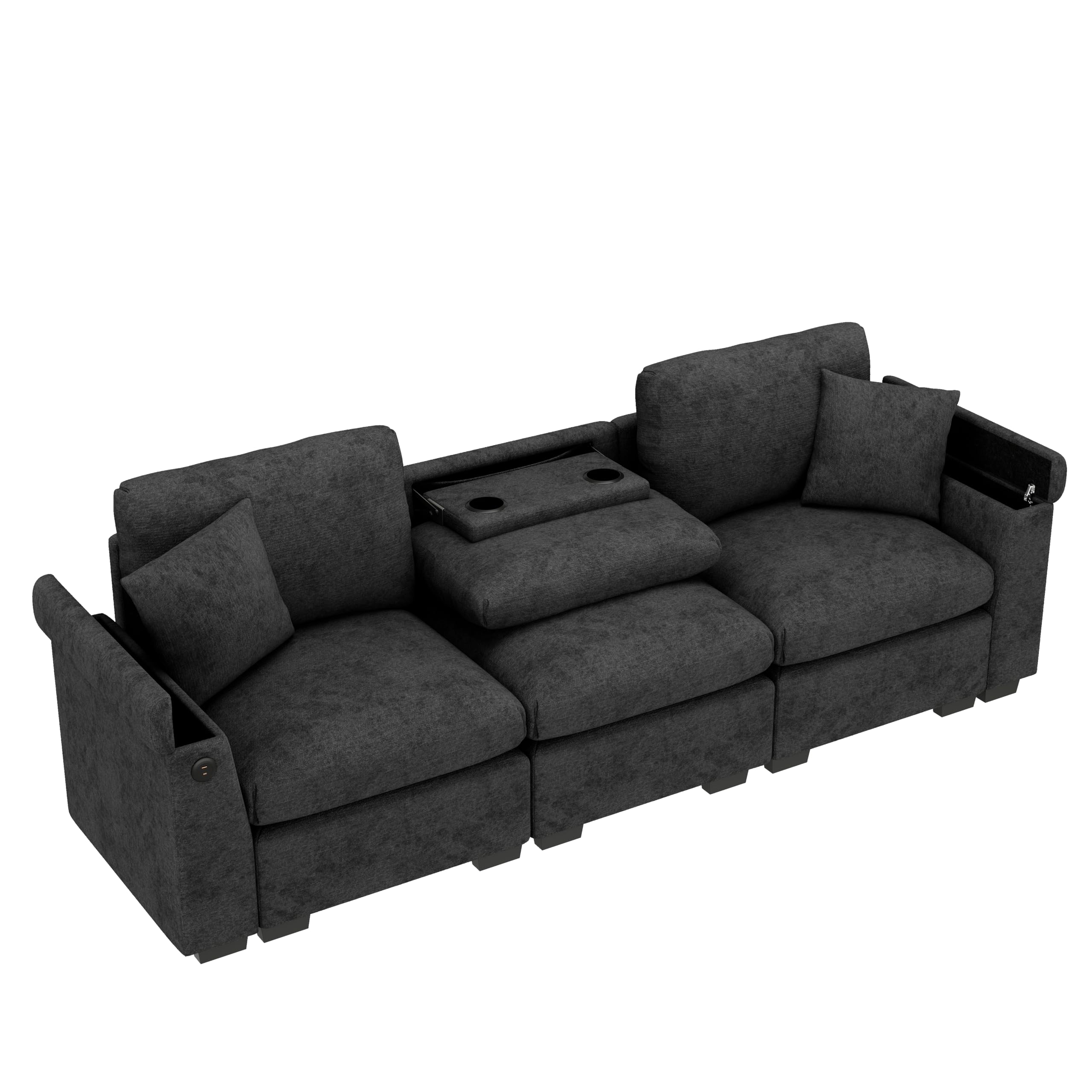 Divano 3 Posti in Ciniglia - 242 cm - Lavabile e Smontabile (Grigio) | Porta USB Integrata, Spazio di Archiviazione, 2 Cuscini Inclusi, Portabevande Ripiegabile, Multifunzionale