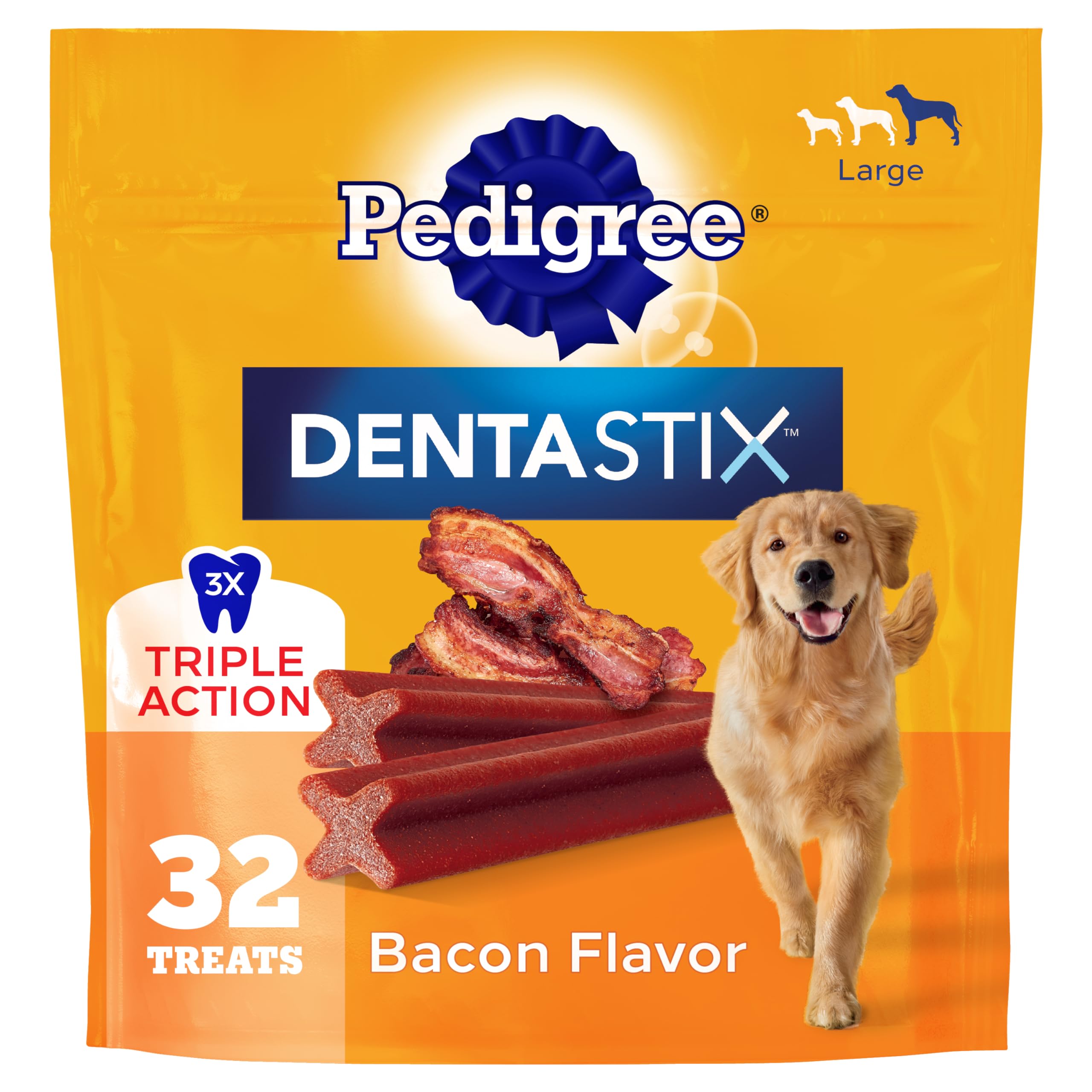 Pedigree Dentastix Large Breed Dental Dog Treats, Bacon Flavor, 32 Count