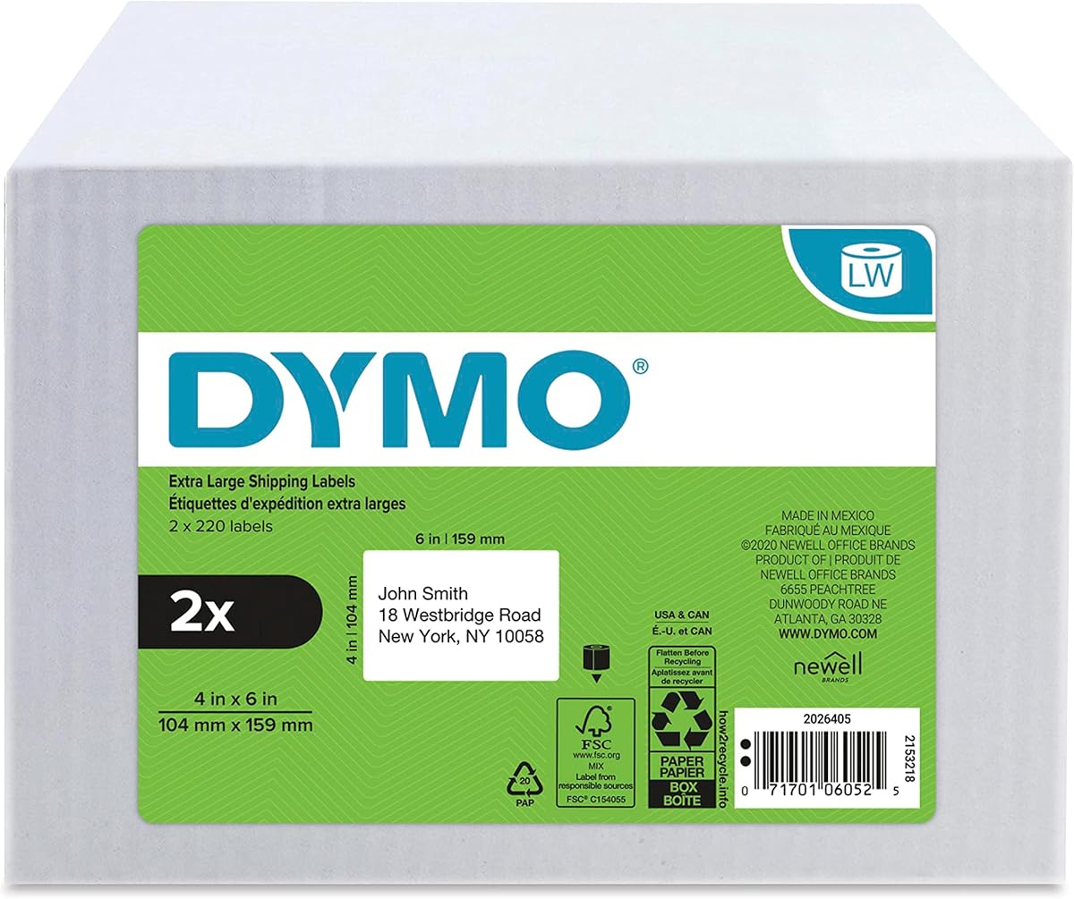 Auténticas etiquetas de envío extragrandes LW para impresoras de etiquetas LabelWriter, blancas, 4'' x 6'', 2 rollos de 220 (440 en total)