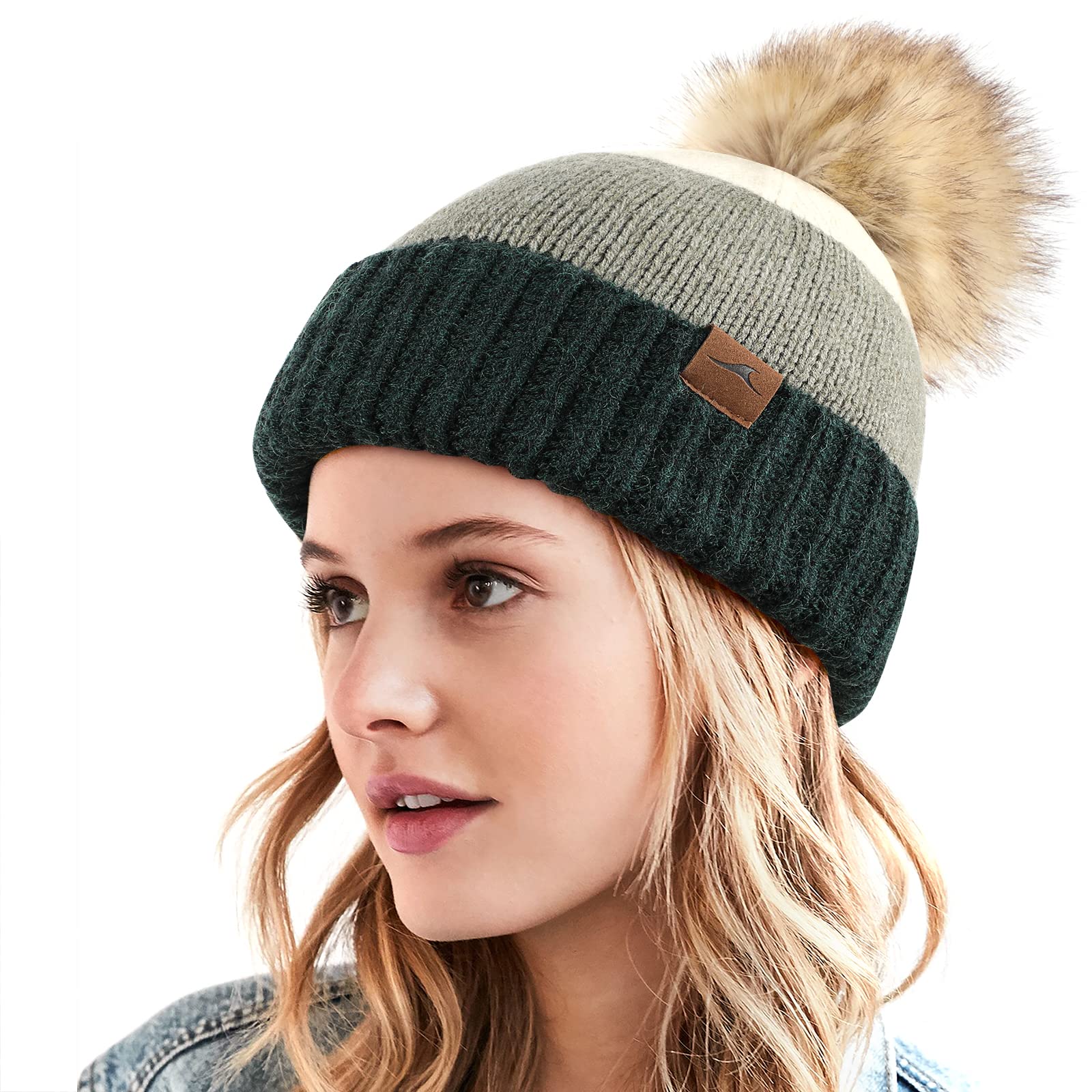 Achiou Winter Women Beanie Hat, Warm Cable Knit Beanies for Women, 3 Color Knitted Hat Skull Cap Faux Fur Pom Fleece Lined Bottle Green