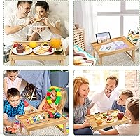 Vista 6 de Moretoes Bandeja de cama para comer, bandeja de desayuno de bambú con patas plegables ajustables y soportes para teléfono para sofá, laptop