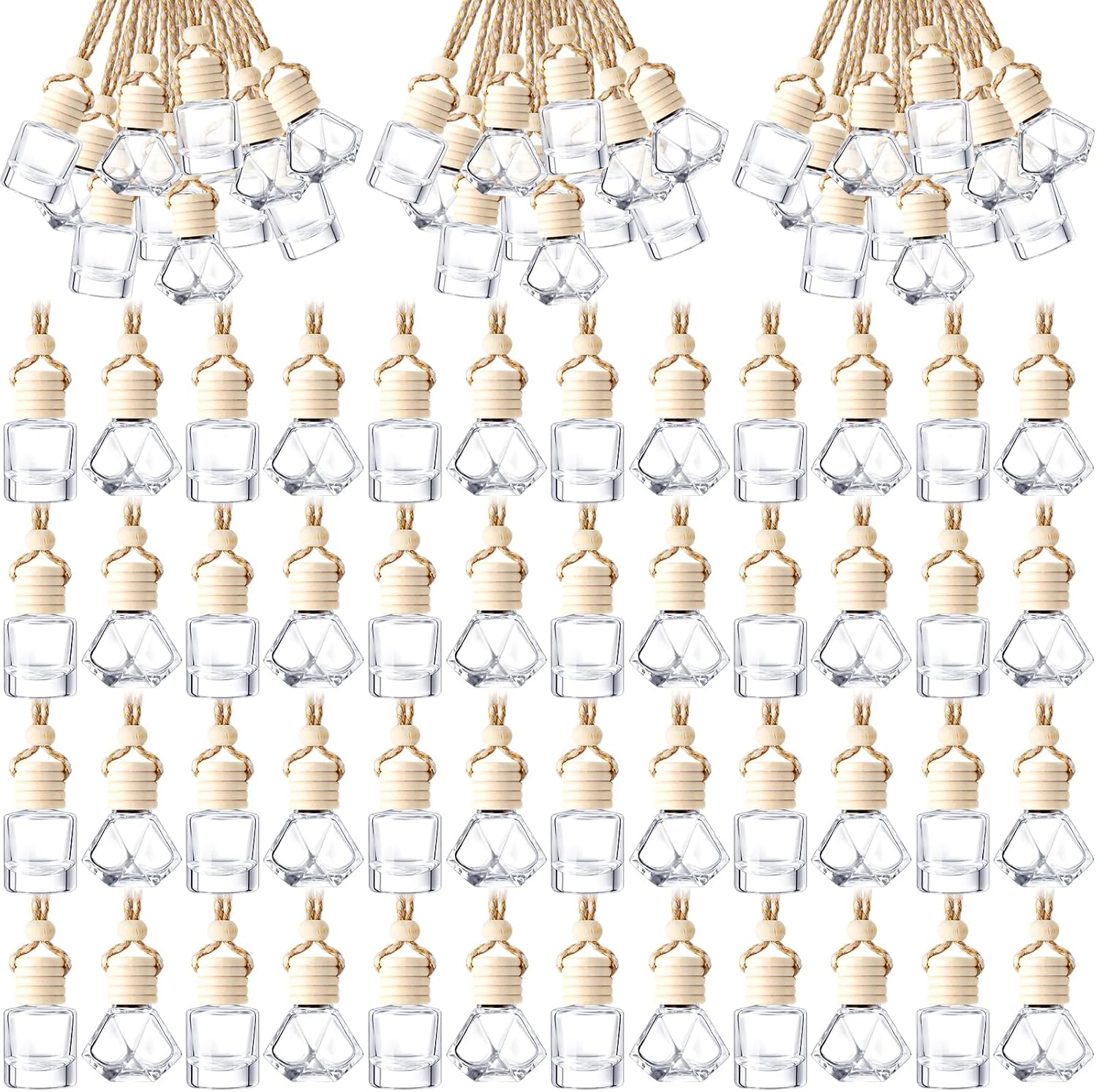 BBTO 200 Pcs Hanging Car Diffuser Bottle Bulk Empty Clear Glass Perfume Bottles Air Freshener Pendant for Essential Oils Fragrance Aromatherapy Car Interior (Diamond, Cylinder)