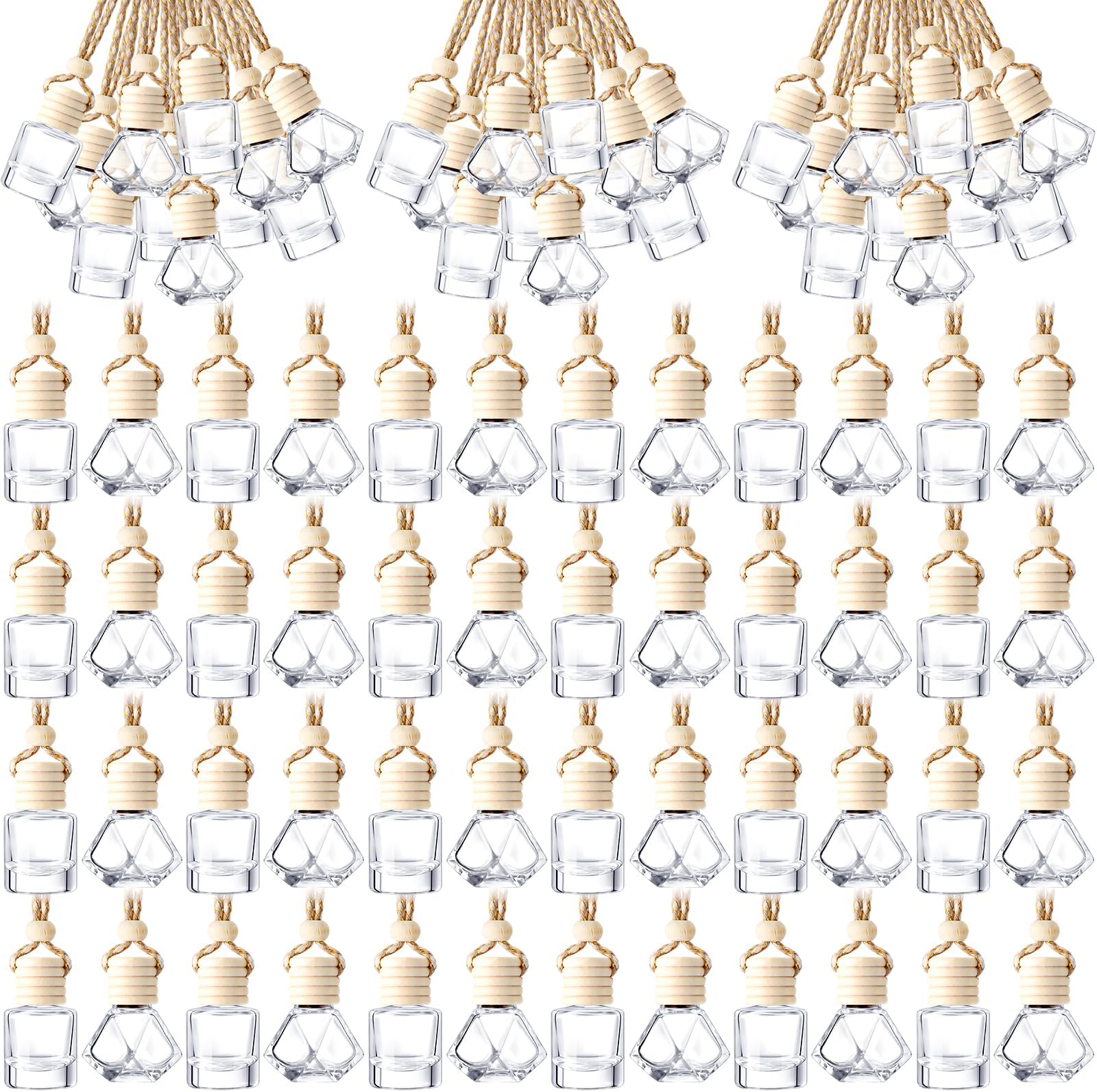 BBTO 200 Pcs Hanging Car Diffuser Bottle Bulk Empty Clear Glass Perfume Bottles Air Freshener Pendant for Essential Oils Fragrance Aromatherapy Car Interior (Diamond, Cylinder)