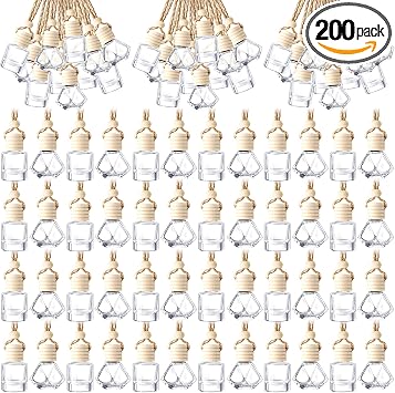 BBTO 200 Pcs Hanging Car Diffuser Bottle Bulk Empty Clear Glass Perfume Bottles Air Freshener Pendant for Essential Oils Fragrance Aromatherapy Car Interior Diamond, Cylinder