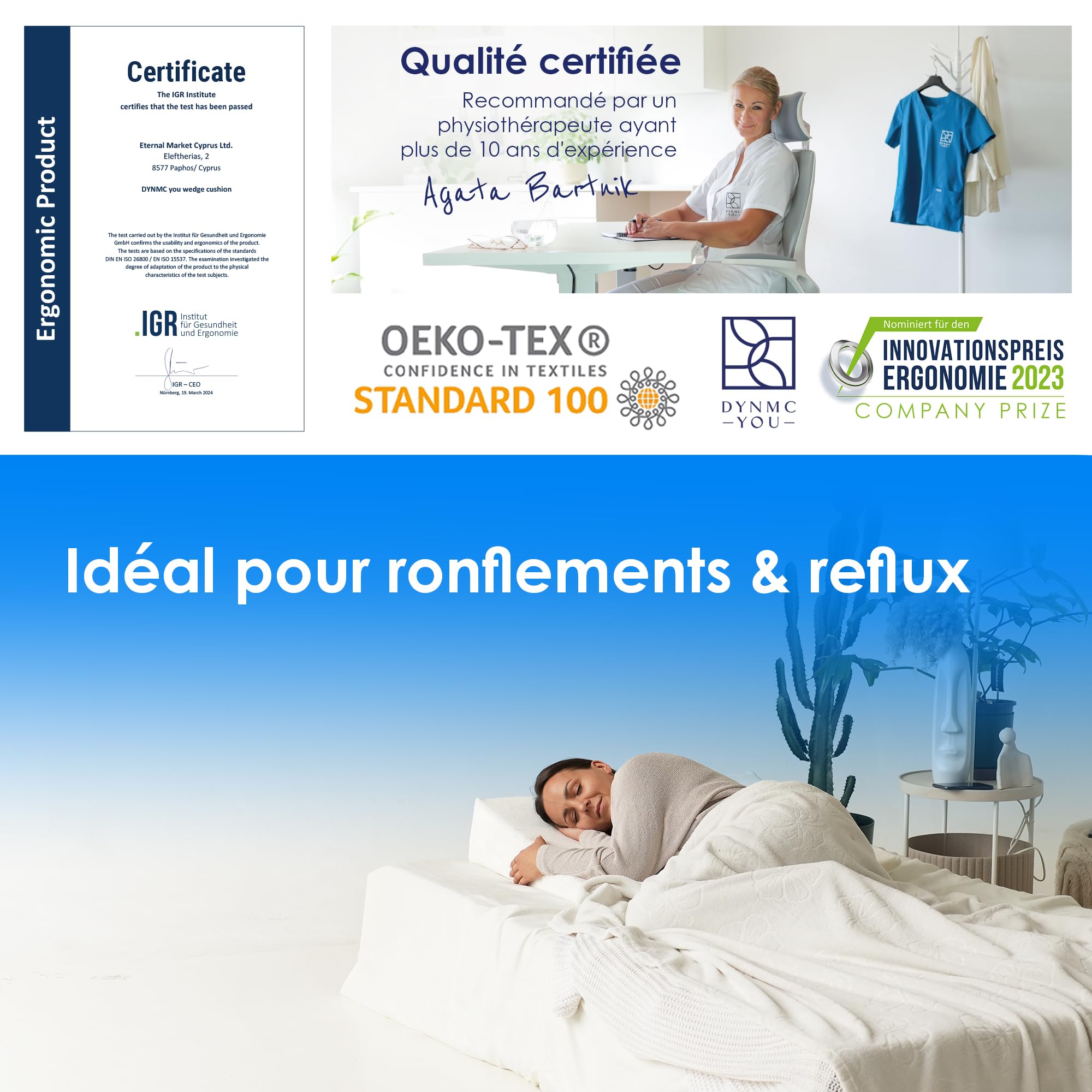 Coussin triangle de lit 80 cm – dormir surélevé, mieux respirer & lecture | Coussin triangle de lit pour dormir surélevé · mieux respirer & estomac apaisé · lecture & dos · housse lavable · OEKO-TEX