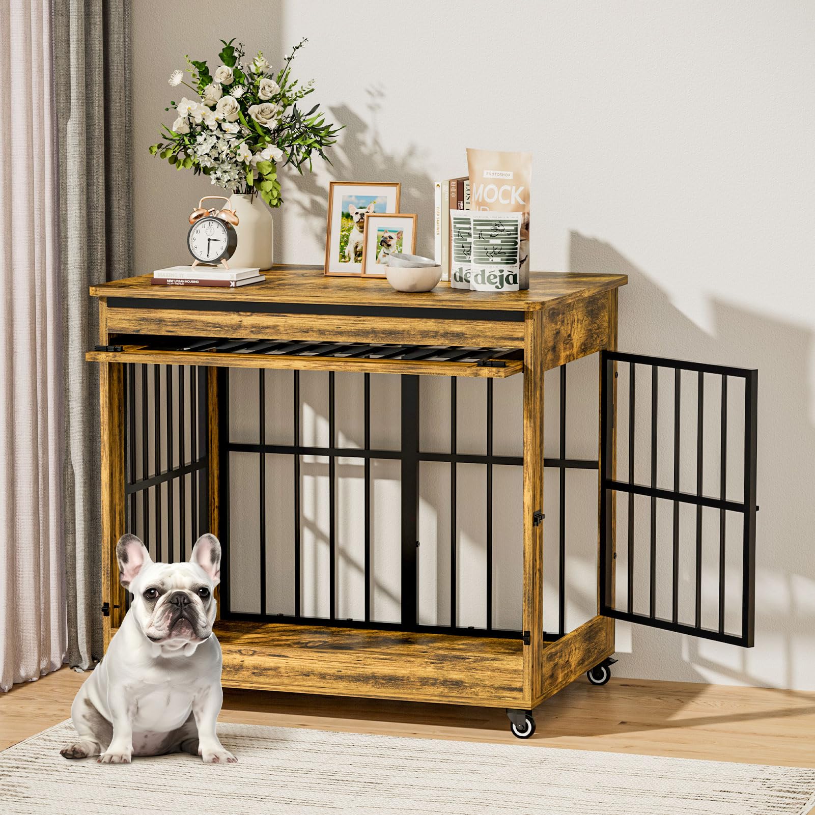 38" Dog Crate Furniture, Double Door Wooden Indoor Dog Kennel Furniture, Decorative Pet Cage End Table with Wheels for Large and Medium Breed Dogs, Size L, Rustic Brown