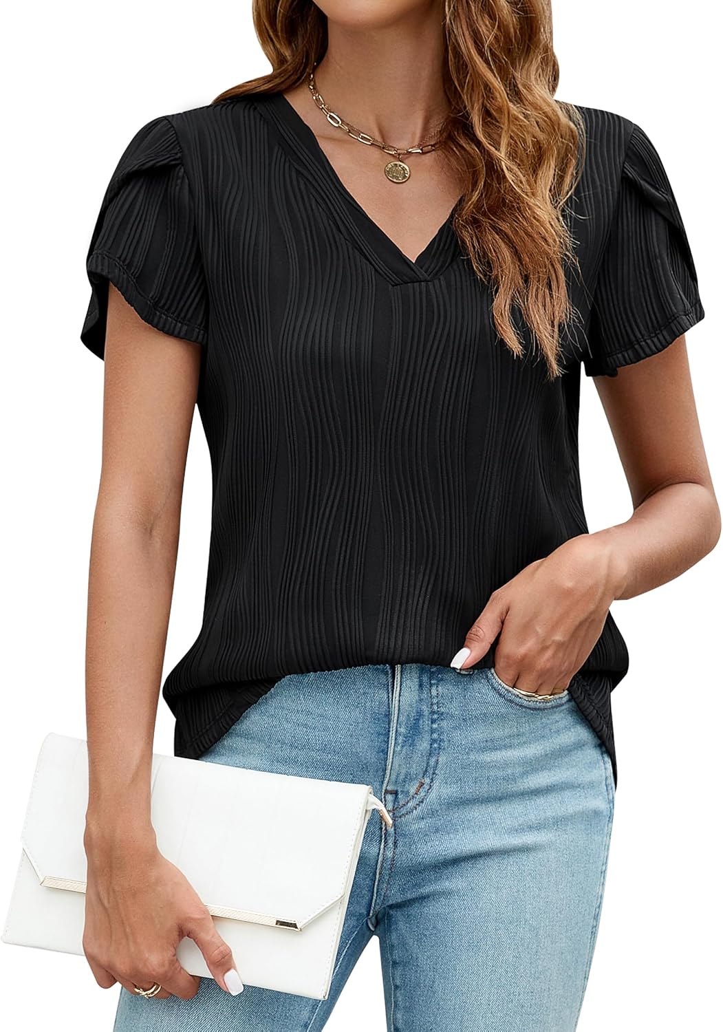 (Size L) BMJL Womens Dressy Casual Tops Summer Textured Petal Short Sleeve Shirts Business Work Blouses Trendy Outfits 2024