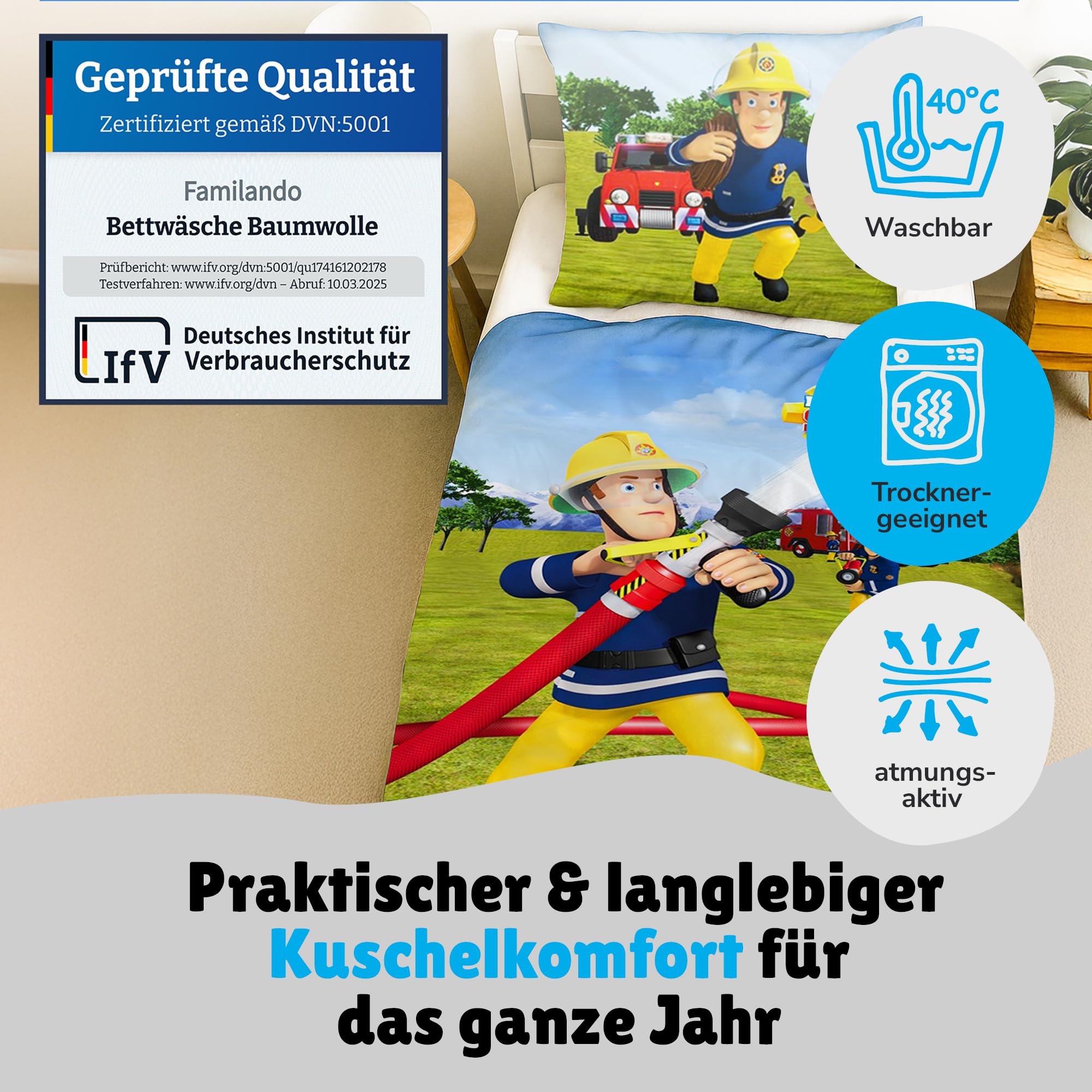 Familando – Feuerwehrmann Sam Bettwäsche-Set (2-teilig) – Decken- & Kissenbezug 135x200 cm & 80x80 cm mit Reißverschluss – 100% Baumwolle Renforcé – Hautfreundlich & kuschelig – Öko-TEX Zertifiziert