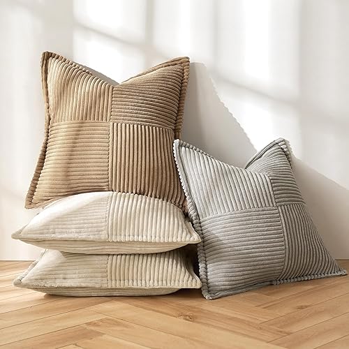MIULEE 4 Packs Corduroy Pillow Covers Throw Pillow Covers 18x18 with Splicing Super Soft Striped Pillow Covers Decorative Neutral Throw Pillows Square Cushion Case 45x45 cm