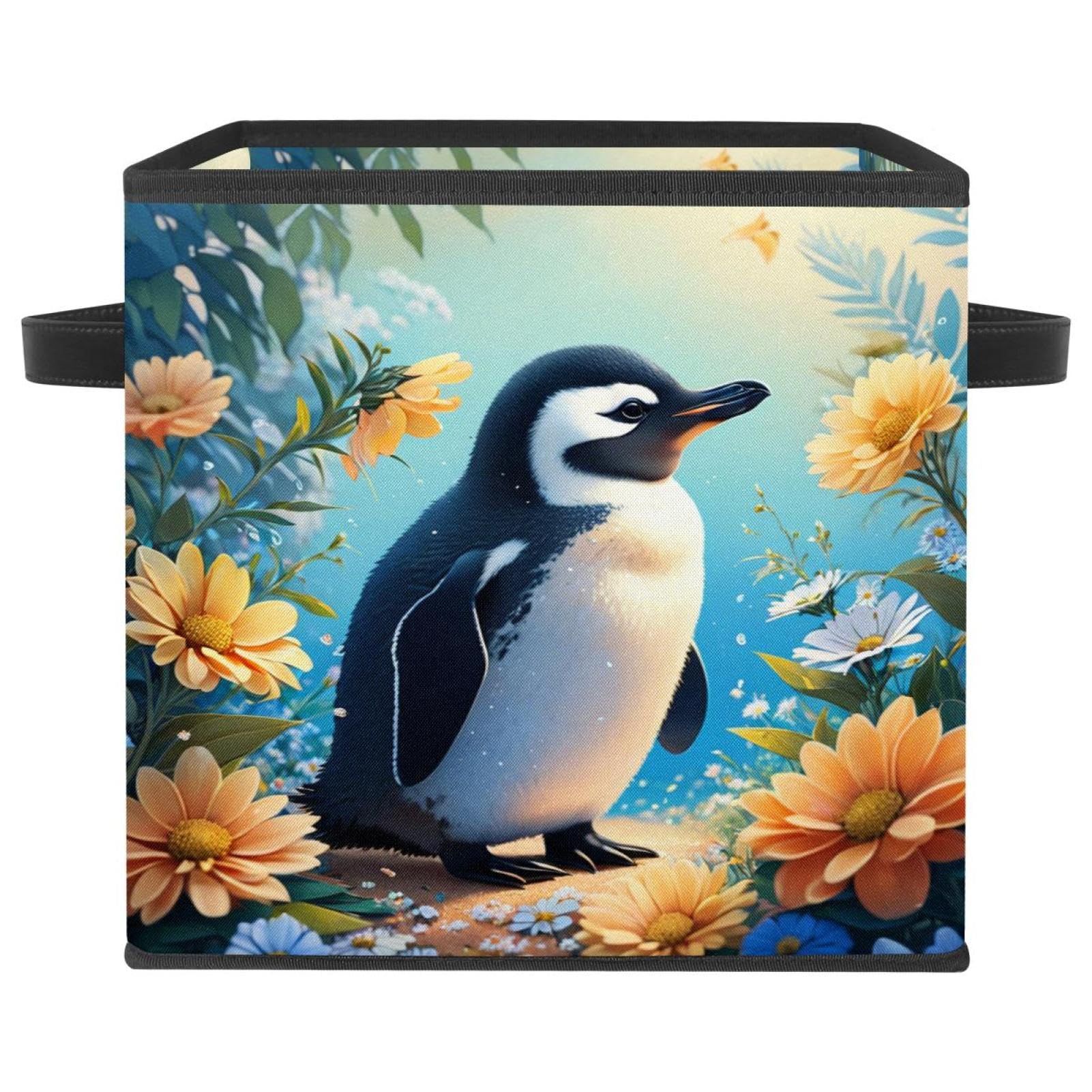 Boîte de rangement pliable : grand cube avec poignées cuir motif pingouin