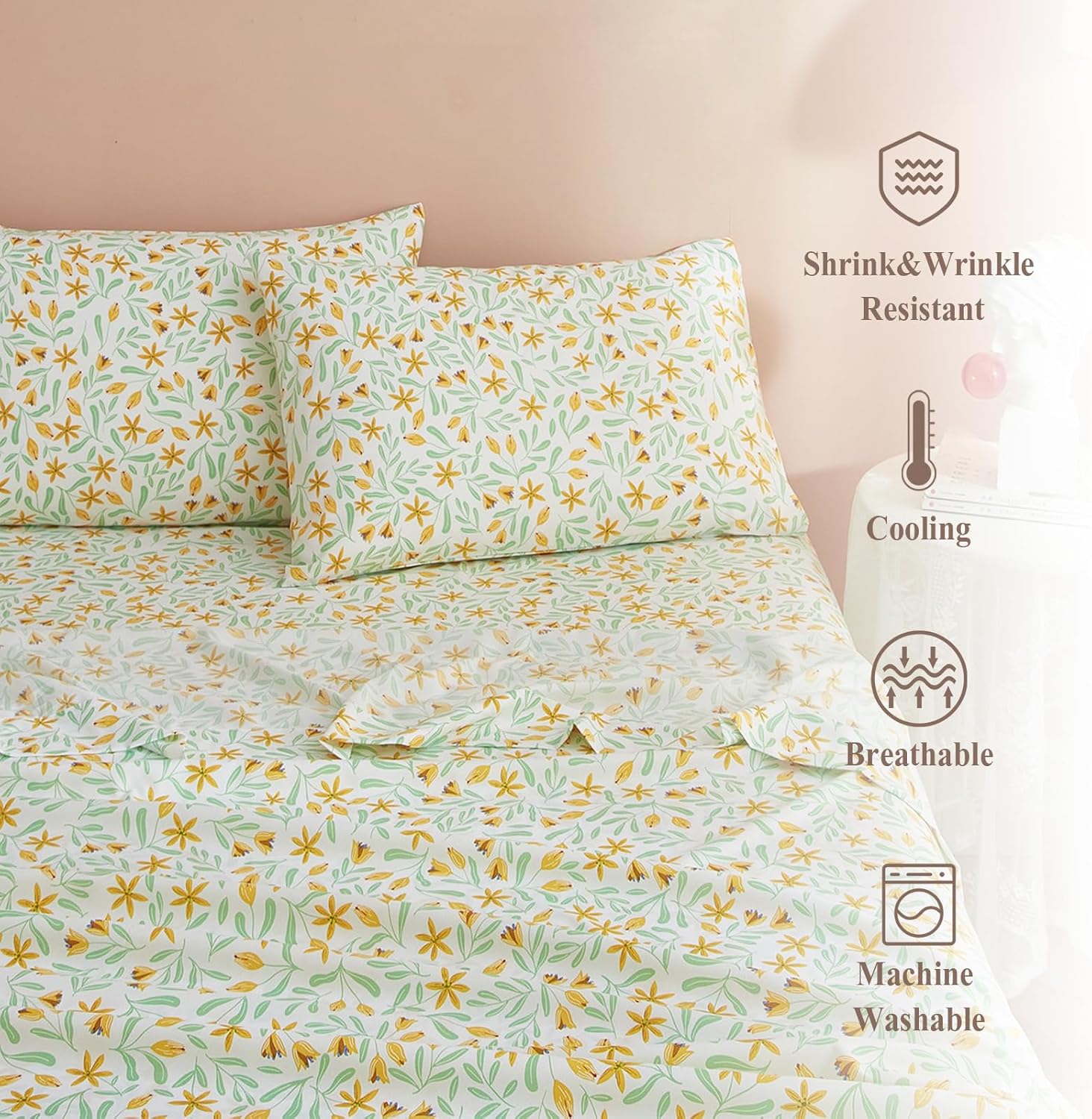 AMWAN Yellow Floral Twin XL Sheets Set 3 Piece Cooling Bedding Sheet Set - Luxury Soft Deep Pocket 16" - Easy Soft Fitted Sheet Twin XL,Flat Sheet,2 Pillowcases Set,Wrinkle & Shrink Resistant