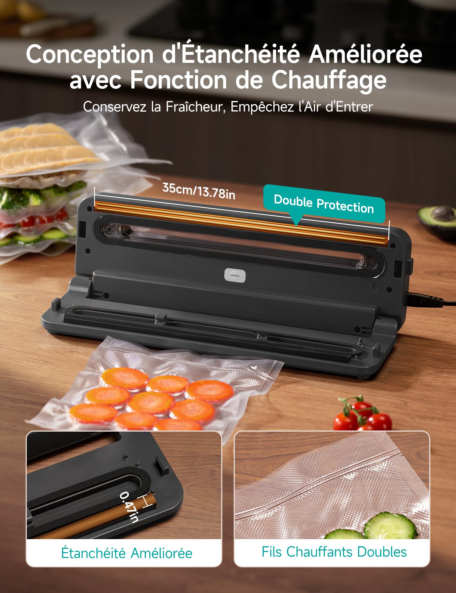 HiCOZY H600 Machine Sous Vide Alimentaire Automatique, Scelleuse Sous Vide avec Double Scellage Puissant, Modes Automatiques 5 en 1 pour Aliments Secs et Humides, Coupe-film Intégré, Gris
