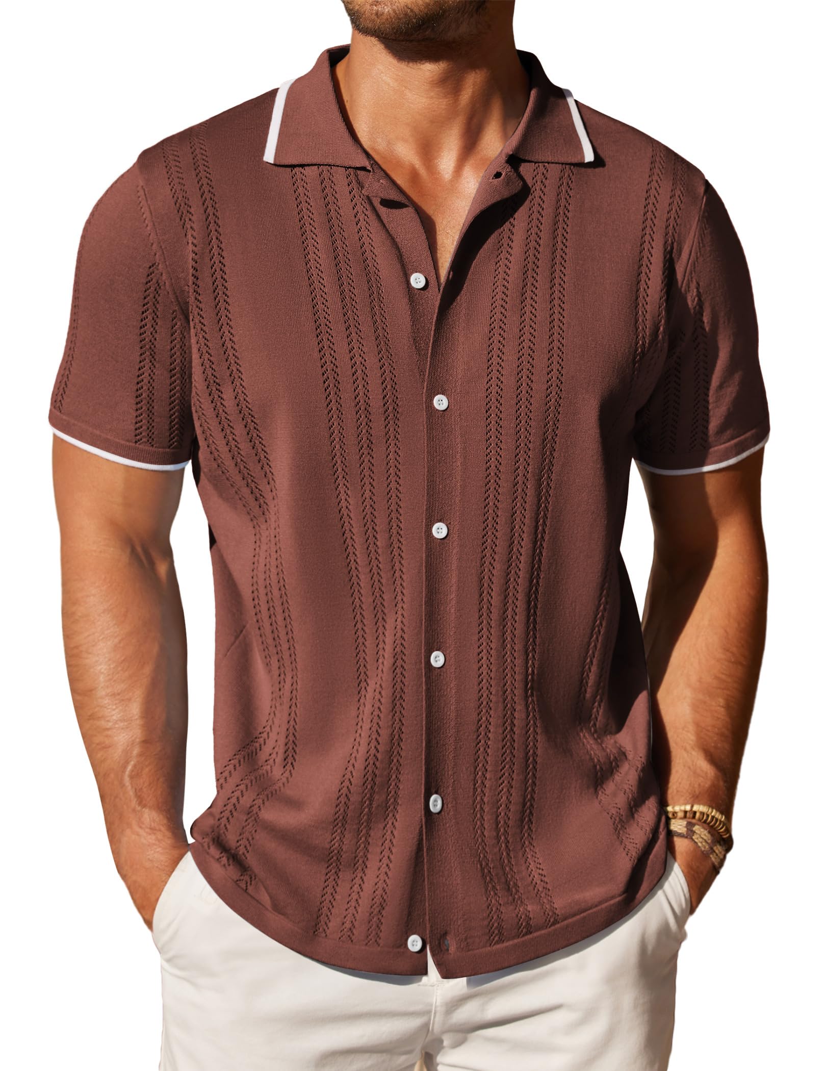 COOFANDY Men's Knit Button Down Shirt Vintage Short Sleeve Polo Shirts Casual Beach Tops