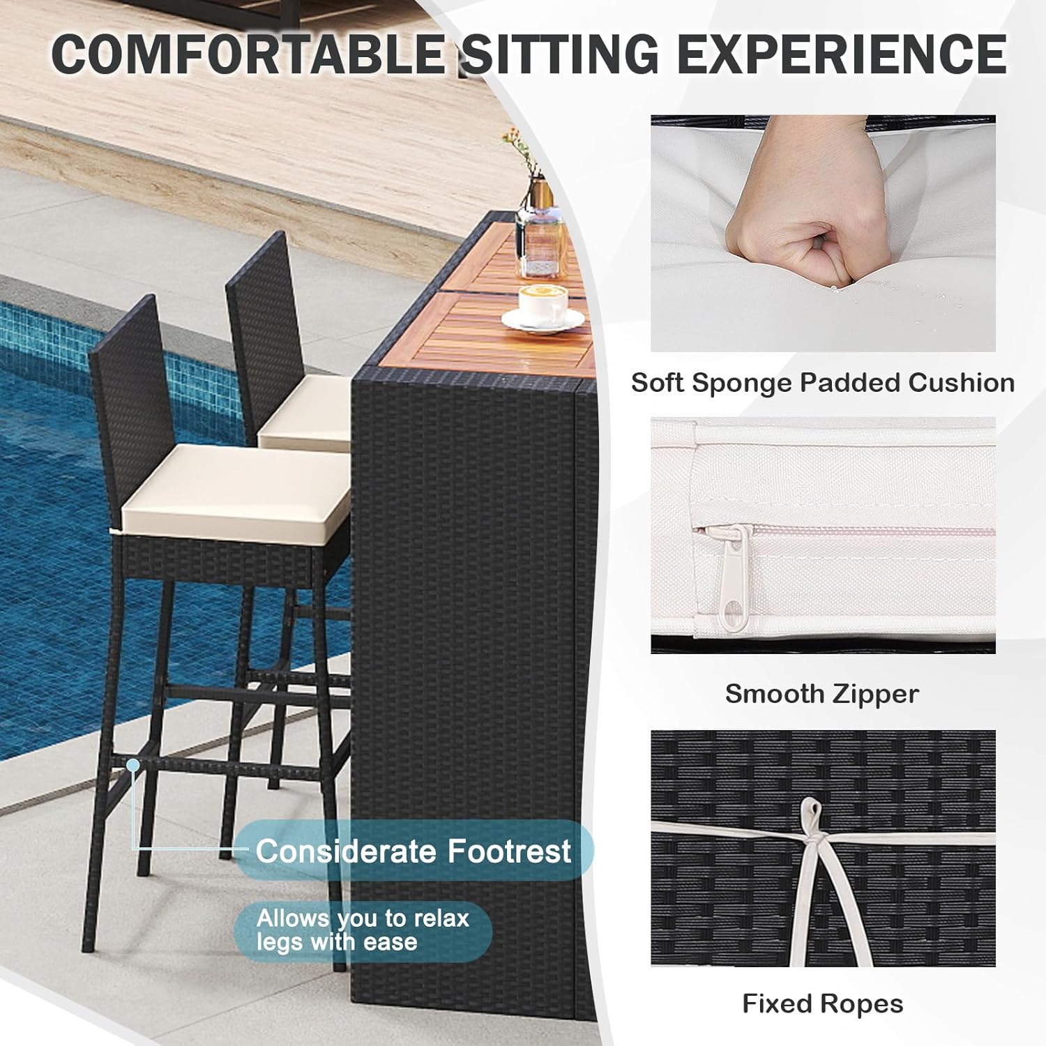 RELAX4LIFE 5-Piece Outdoor Bar Set - Wicker Rattan Bar Height Dining Table w/Acacia Wood Top & 4 Bar Stools Chairs w/Seat Cushions, Backrest, Footrest, Outside Patio Bistro Set for Backyard (47.5'')