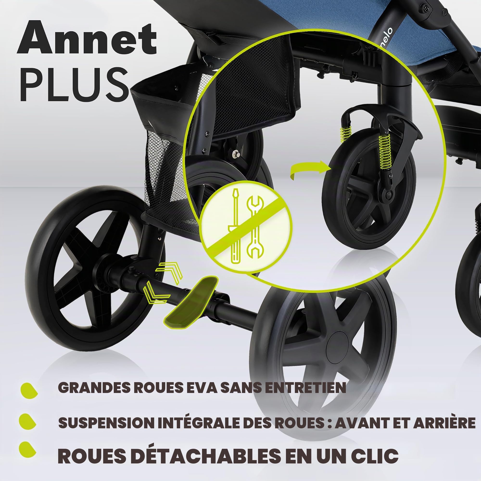 LIONELO Annet Plus Poussette de naissance jusqu'à 22 kg Poussette légère et pliable avec dossier inclinable en position couchée Roues en mousse EVA Moustiquaire Couverture Porte-gobelet Panier XXL