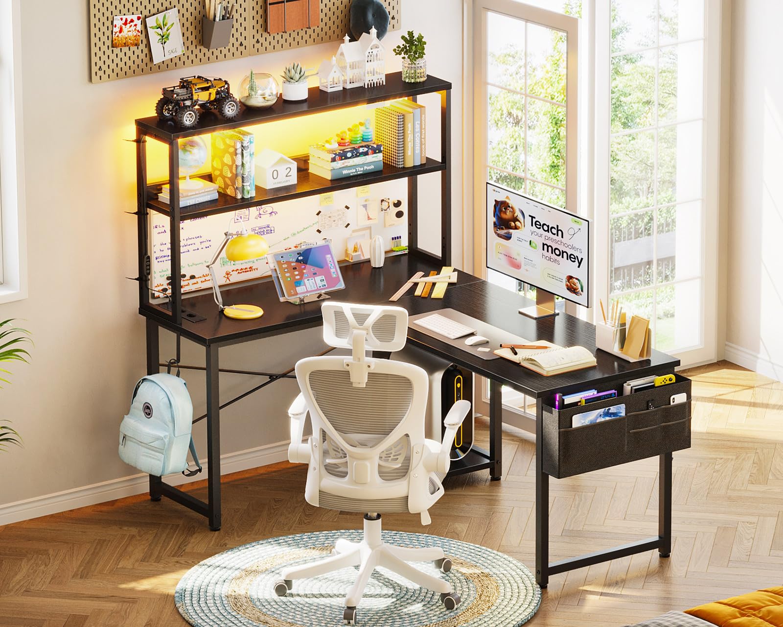Coleshome Gaming Tisch L Form mit LED & Steckdosen, 110 × 80 cm Reversibel Gaming Schreibtisch mit Ablageregalen, Eckschreibtisch mit Aufbewahrungstasche für Homeoffice und Gaming, Schwarz