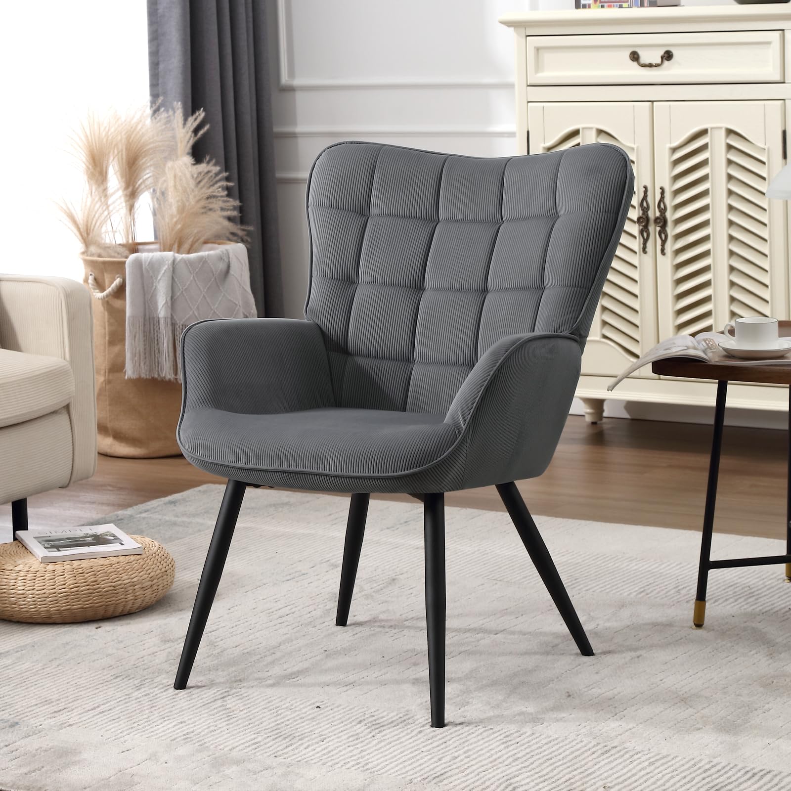 WOLTU Butaca de Salón, Sillón Relax Moderno, con Orejas, Gris Oscuro | Silla Individual para Dormitorio y Tocador, Tela de pana, Patas Metálicas, Silla Cómoda para Lectura u Ocio, 63,5x68x87 cm