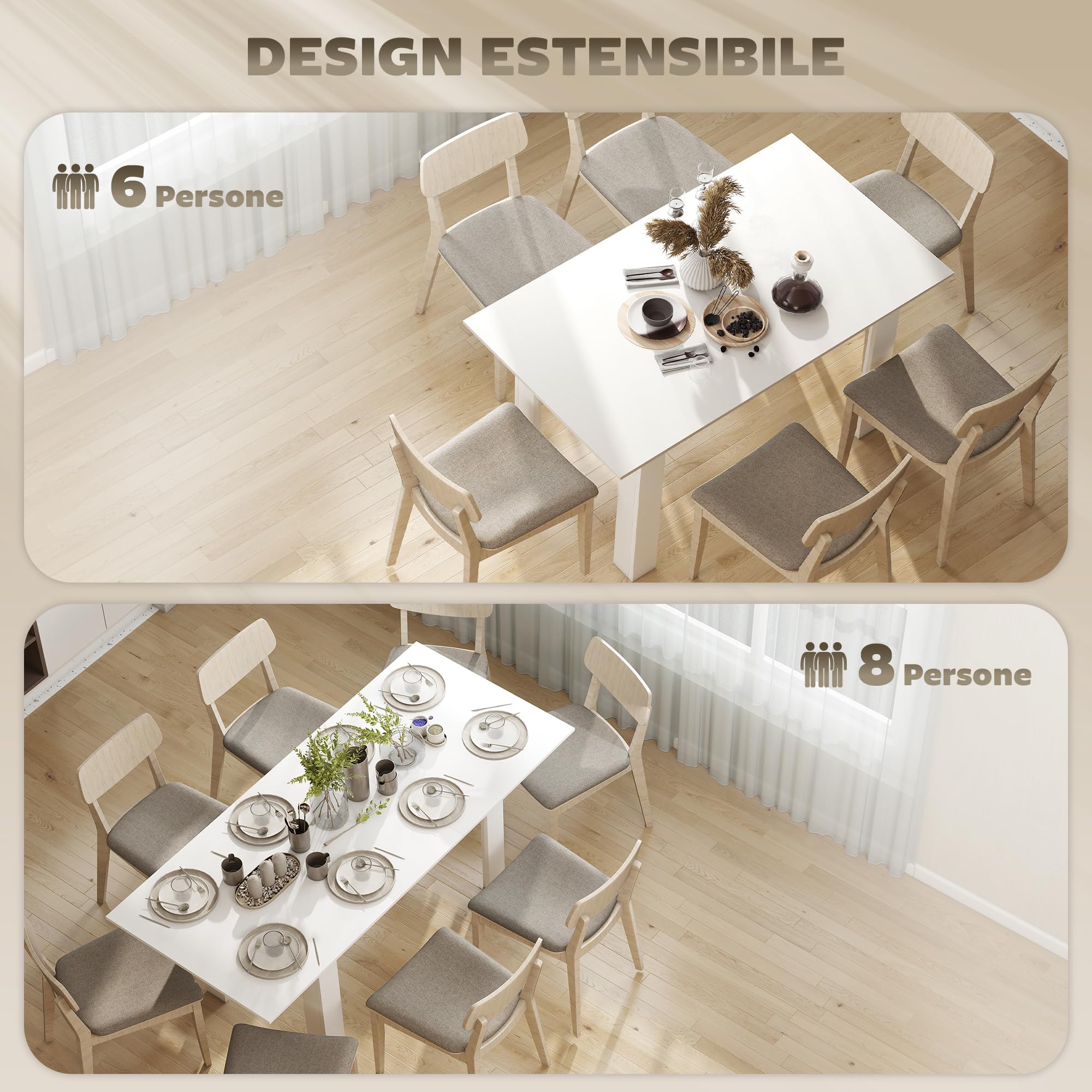 HOMCOM Tavolo da Pranzo Allungabile per 6-8 Persone con Pannelli a Ribalta, Tavolo da Cucina Allungabile in MDF, per Sala da Pranzo, Soggiorno, 140-180x80x75 cm, Bianco