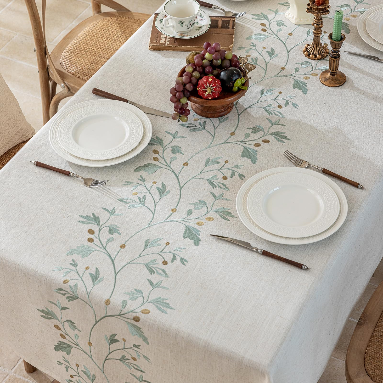Joyfol Day Nappe rustique en lin imperméable, lourde nappe beige brodée pour tables carrées, infroissable en toile de jute (feuilles vertes, 140 x 140 cm)