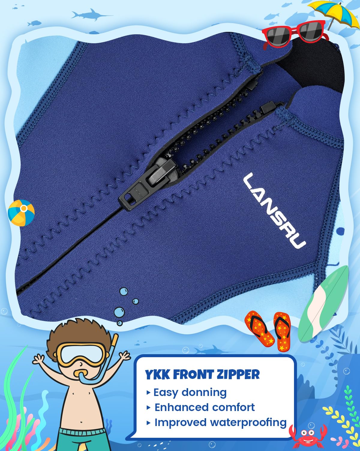 Muta corta in neoprene SCR per bambini, 2 mm, aggiornata, per ragazzi e ragazze, materiale più sicuro, protezione UV, cerniera frontale per lezioni di nuoto, mantiene caldo in acqua fredda