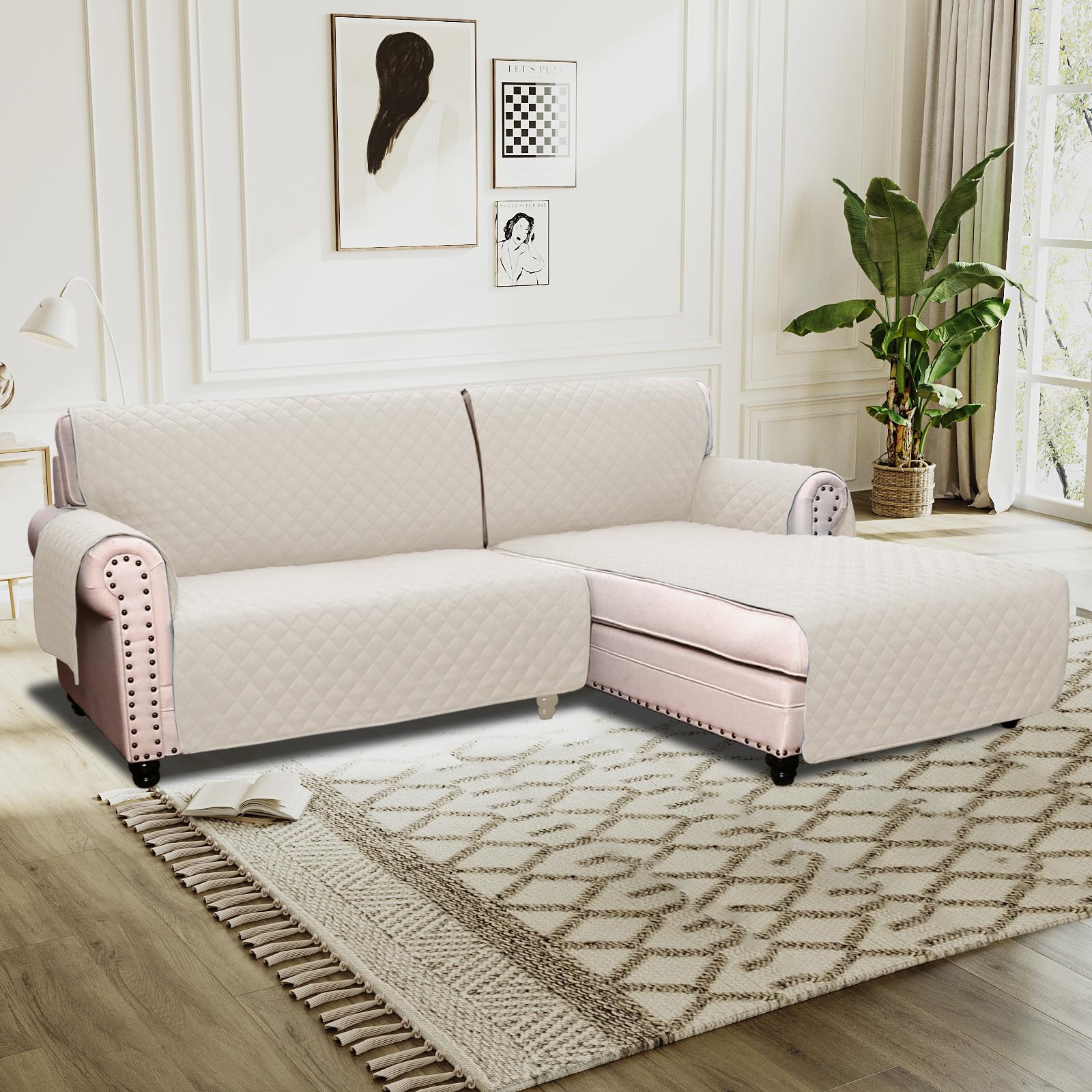 BellaHills Sofa Cover L Shape 2 Piece Couch Cover for Sectional Sofa Non Slip Corner Sofa Cover Water Resistant Chaise Sofa Cover for Dogs (Right Chaise Lounge + 2 Seater, Ivory) โ image 1