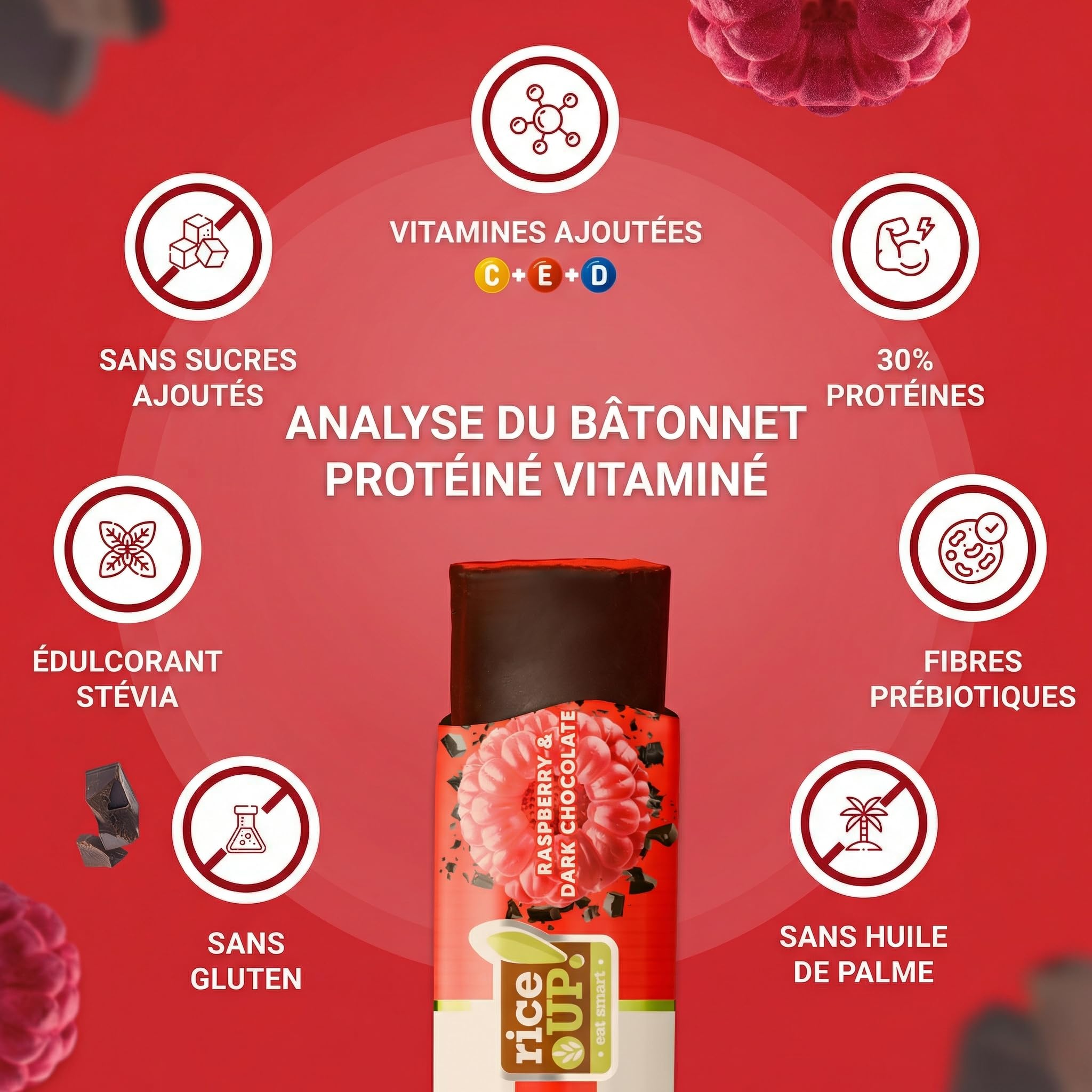 RiceUP! Barre Protéinée Framboise 30% – Barre Protéine Sans Sucre Ajouté, Sans Gluten & Sans Huile de Palme – Snack Protéiné Fitness & Nutrition Sportive – 15 x 40 g